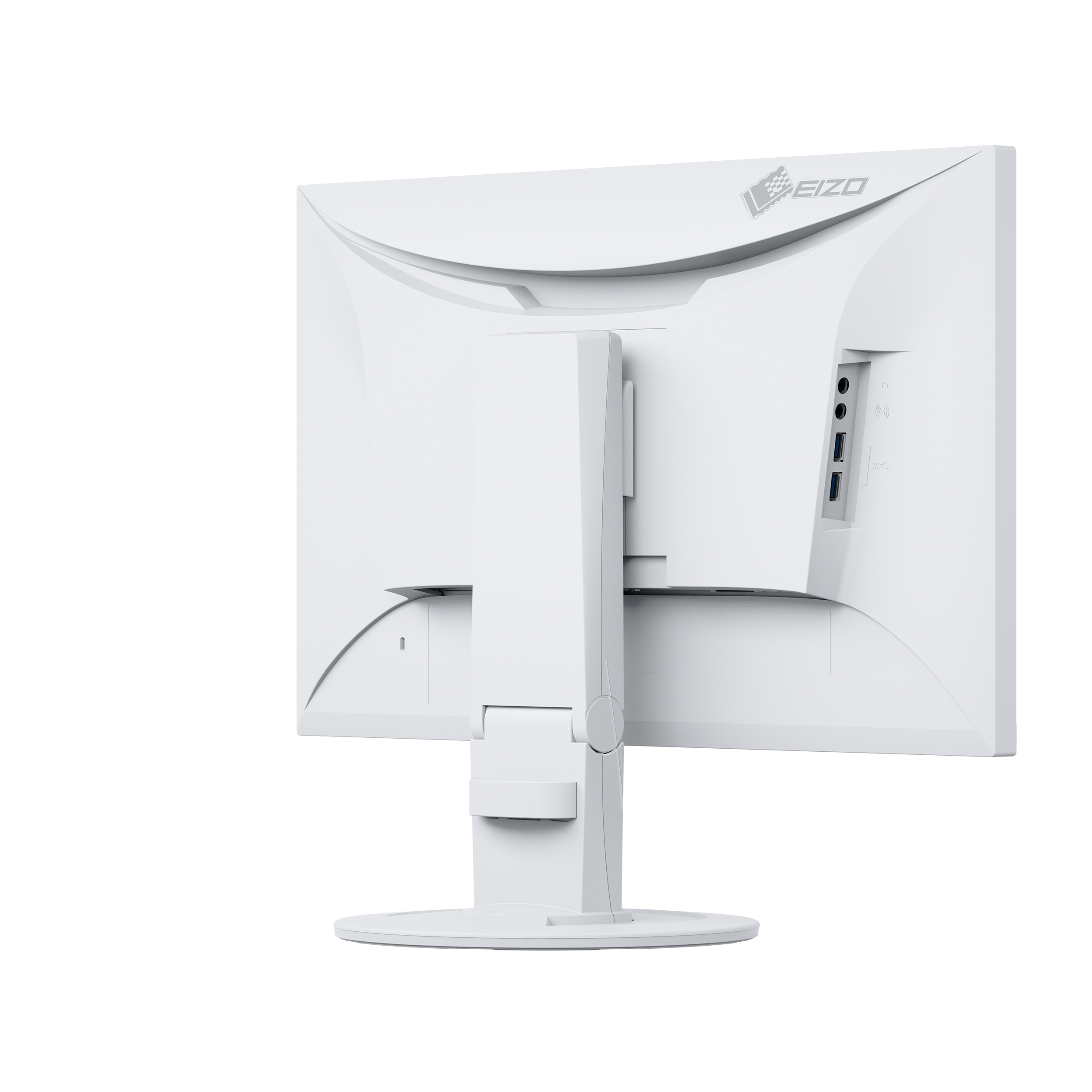 Widok z tyłu białego monitora, ze stojakiem i widocznymi portami połączeniowymi.