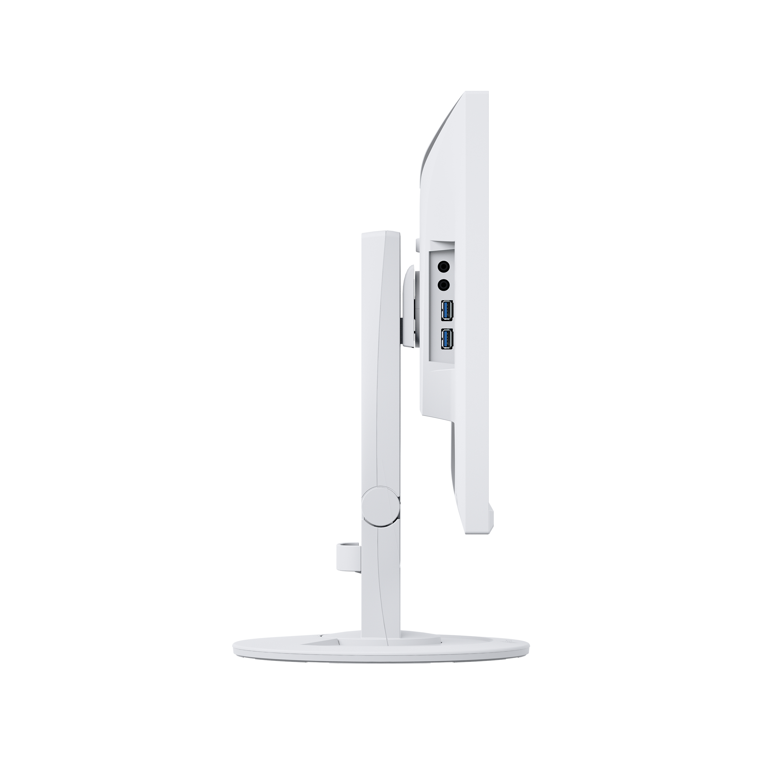 Biały monitor widziany z boku, pokazujący porty i podstawę.