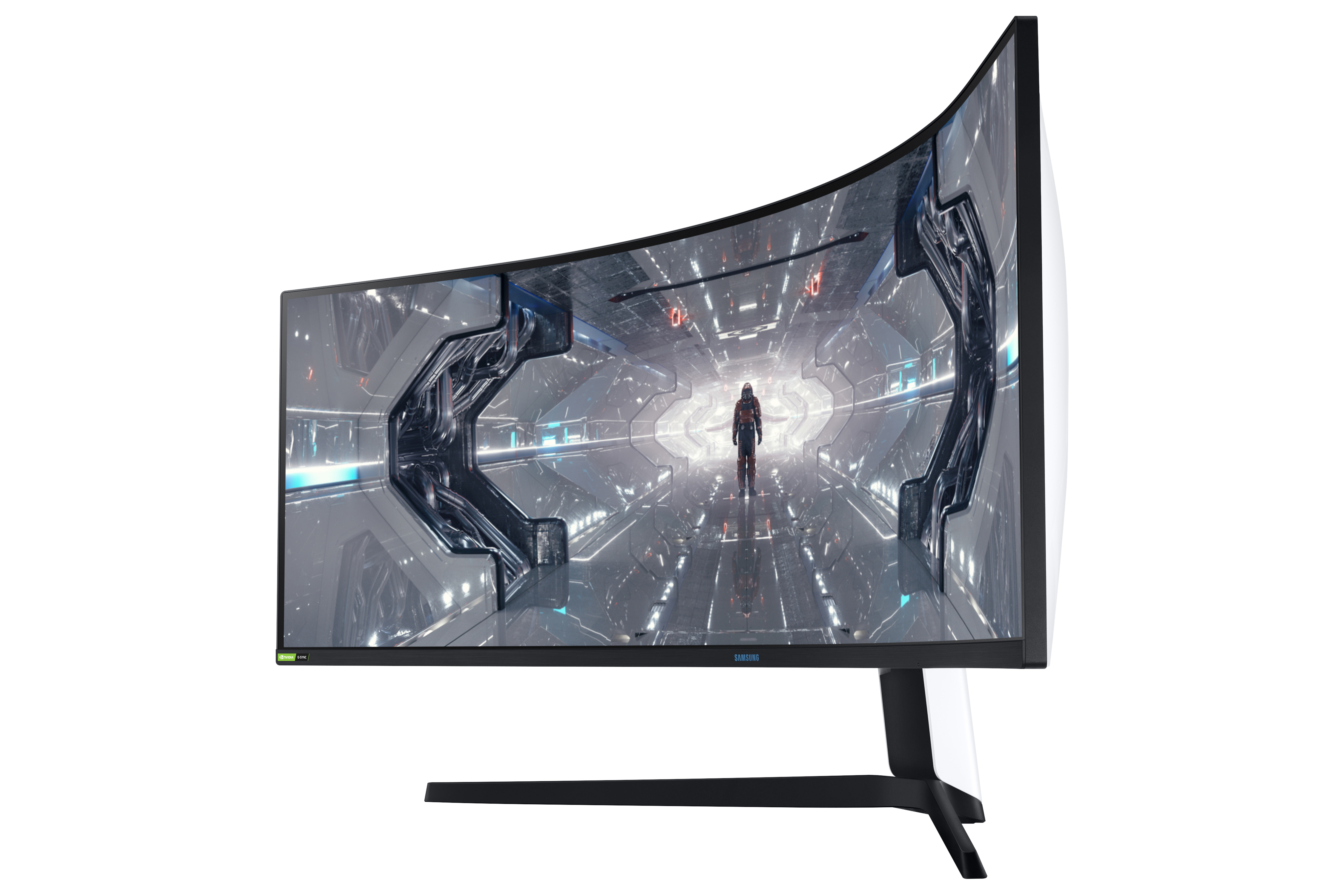 Monitor Samsung curvo, mostrando una escena de juego futurista, soporte negro.