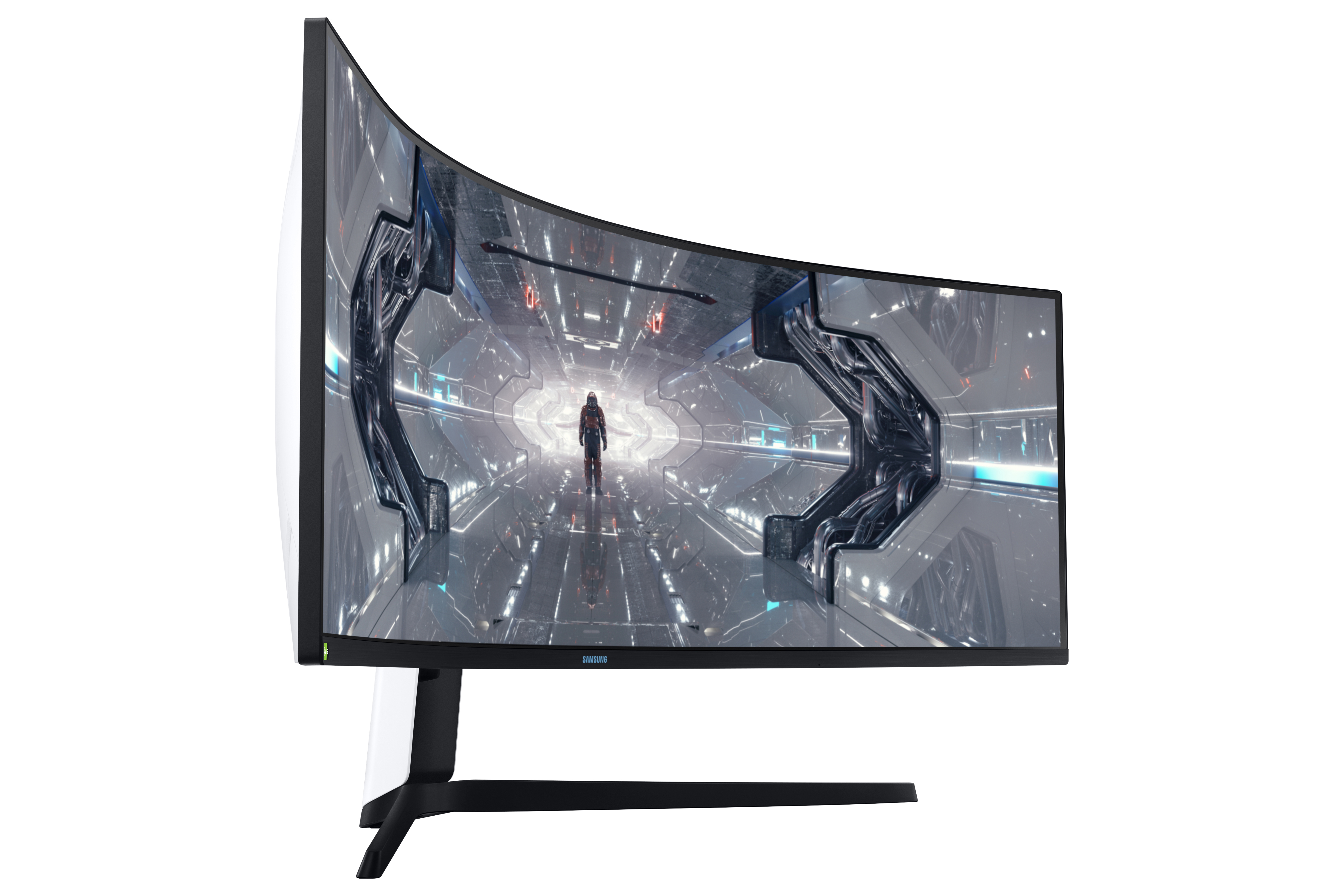 Monitor curvo Samsung mostrando escena espacial, con soporte negro y parte trasera blanca.