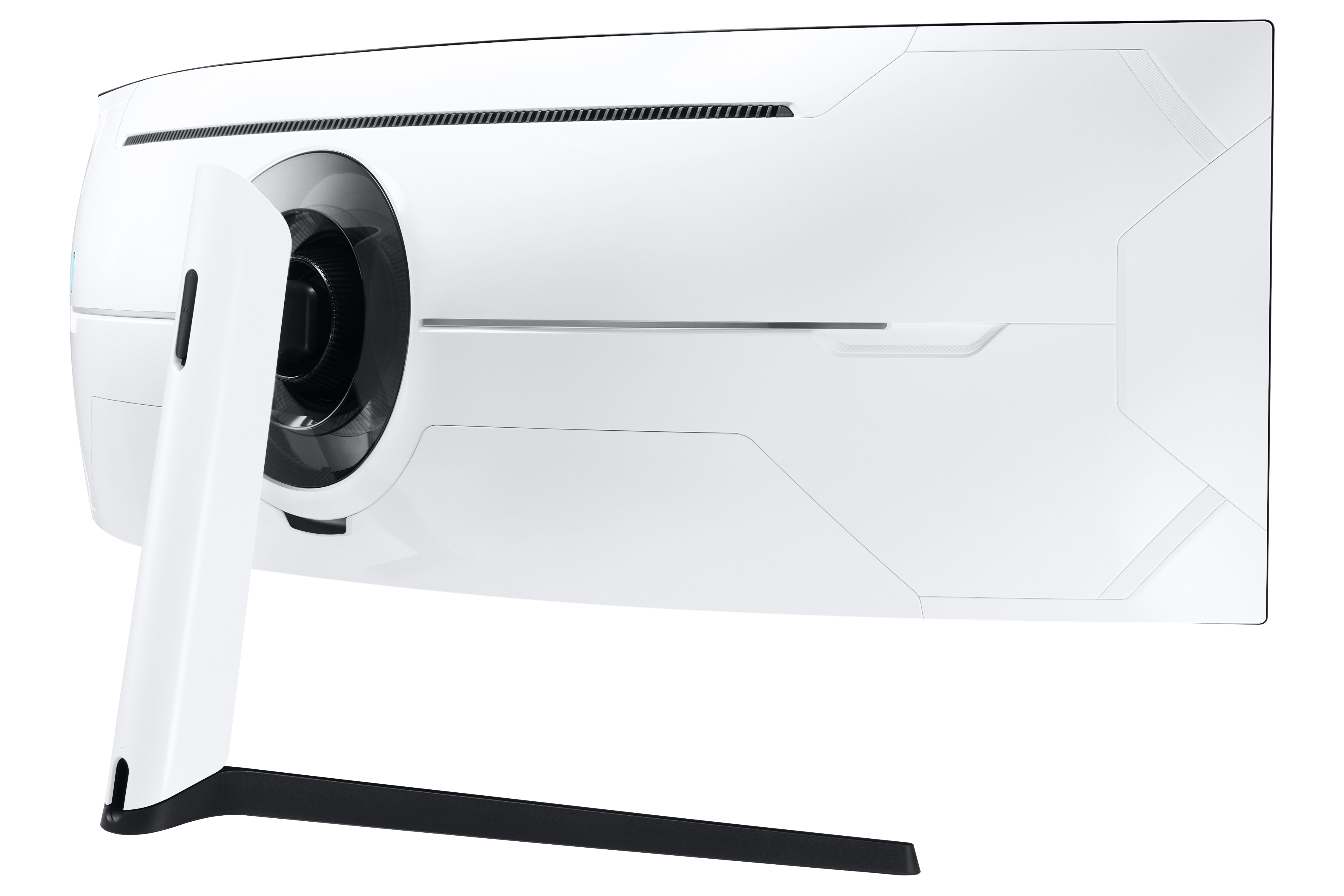 Vista trasera de un monitor Samsung blanco curvo. Tiene soporte y diseño único.