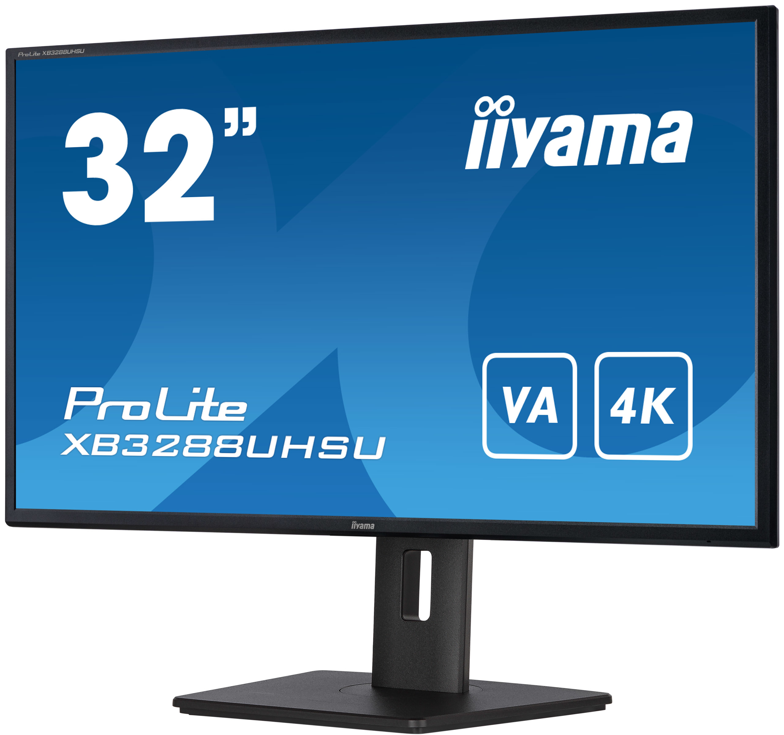 Monitor iiyama 32" na stojaku, z etykietami VA 4K. Ekran jest czarny, a ramka czarna.