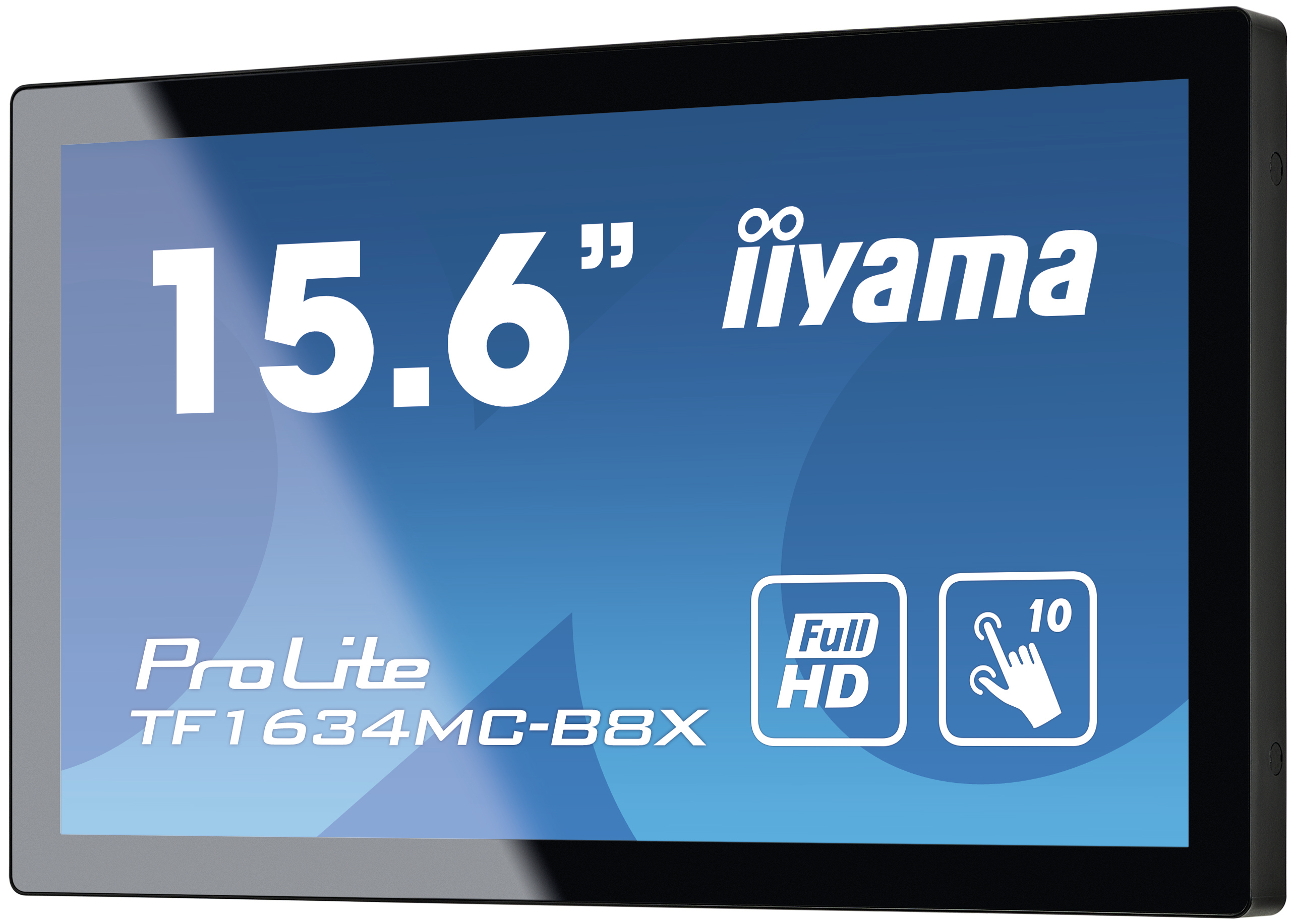 Monitor dotykowy Iiyama ProLite wyświetlający specyfikacje „15,6" Full HD” i logo marki.