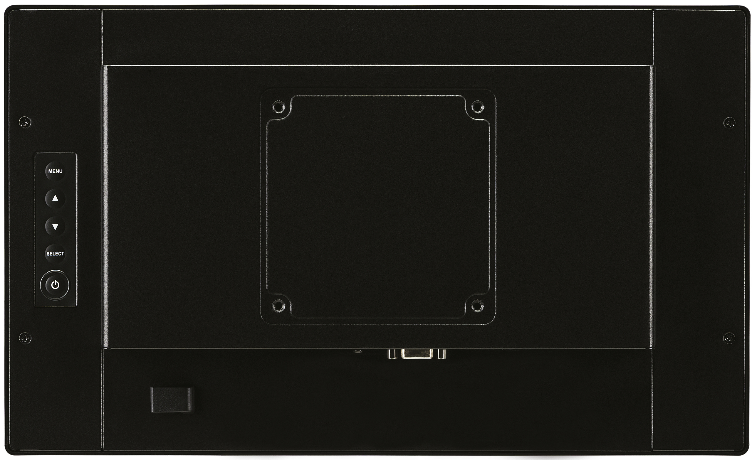 Tył czarnego monitora z przyciskami, portami i płytą montażową.