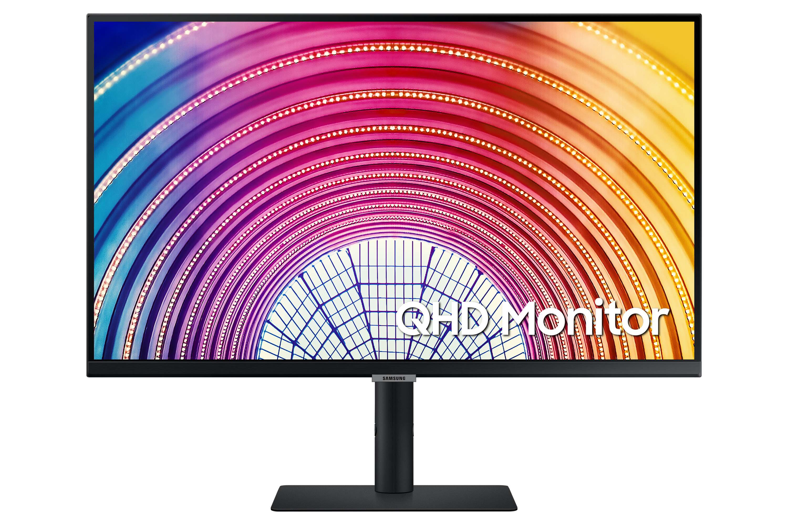 Un monitor negro muestra un gráfico abstracto colorido. El texto 'QHD Monitor' se muestra en la pantalla.