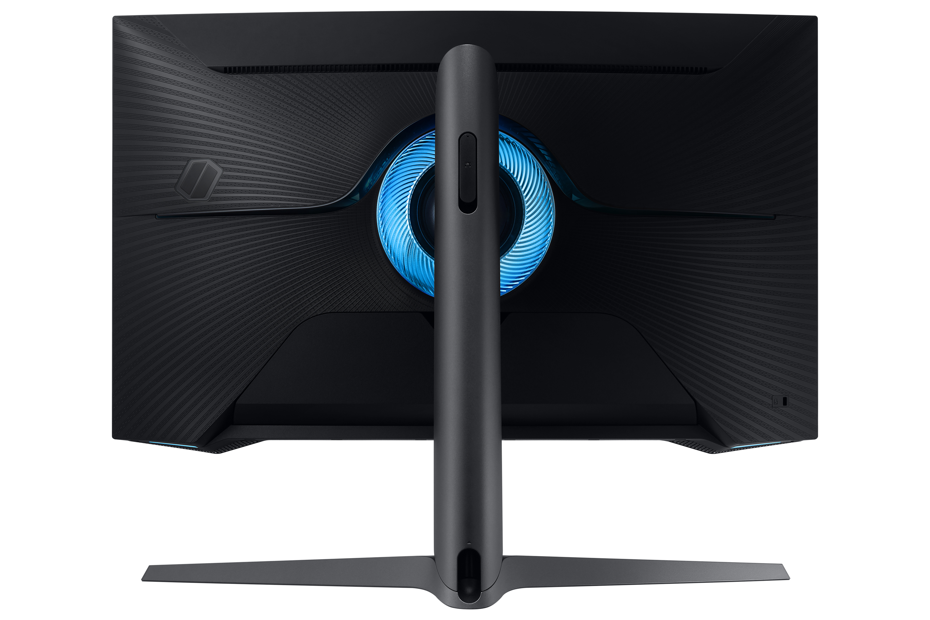 Retro di un monitor Samsung nero con un anello blu attorno al supporto.