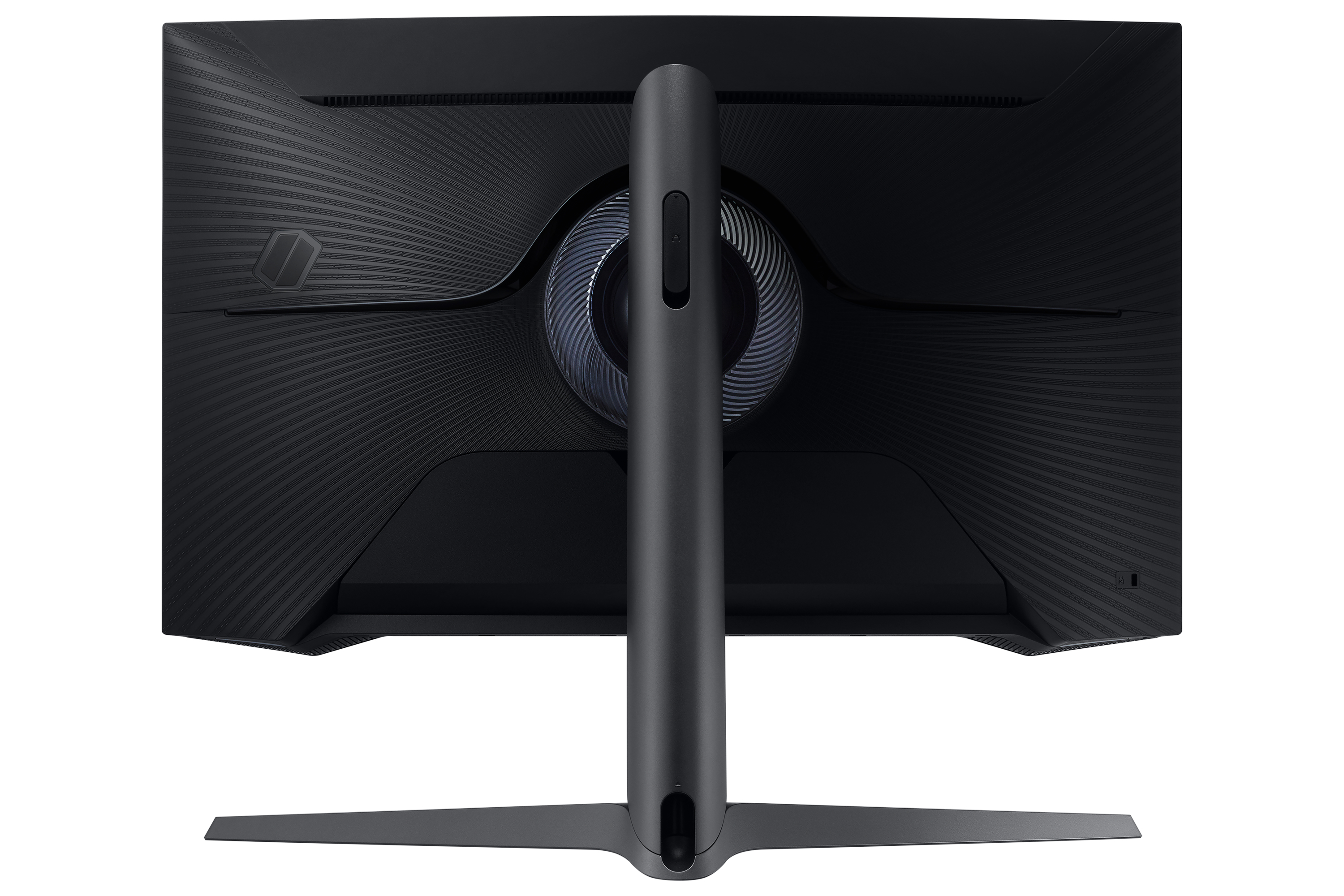 Vista posteriore di un monitor Samsung nero con superficie curva e strutturata.