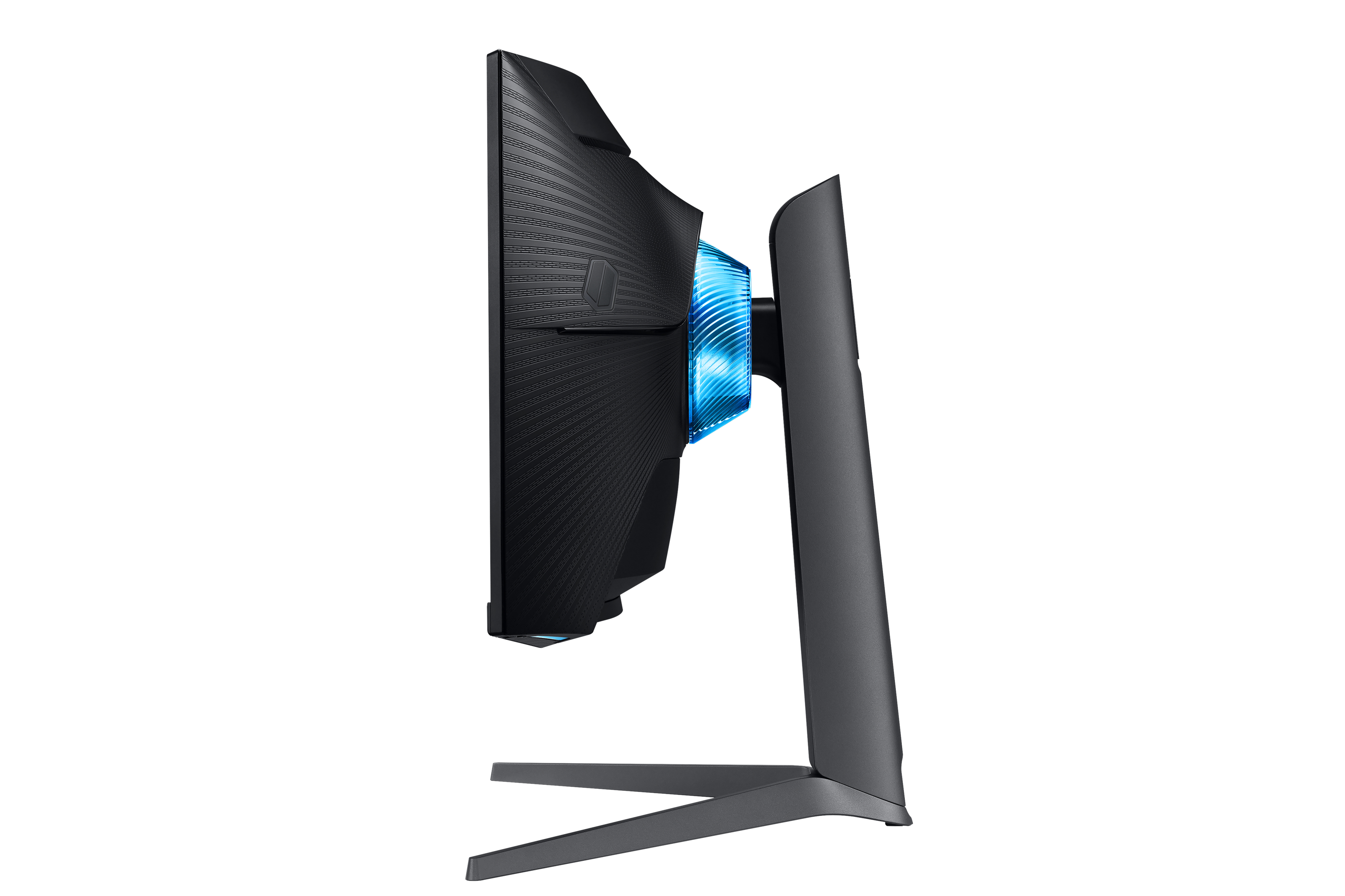Una vista laterale di un monitor da gioco nero. Ha un design futuristico con illuminazione blu.