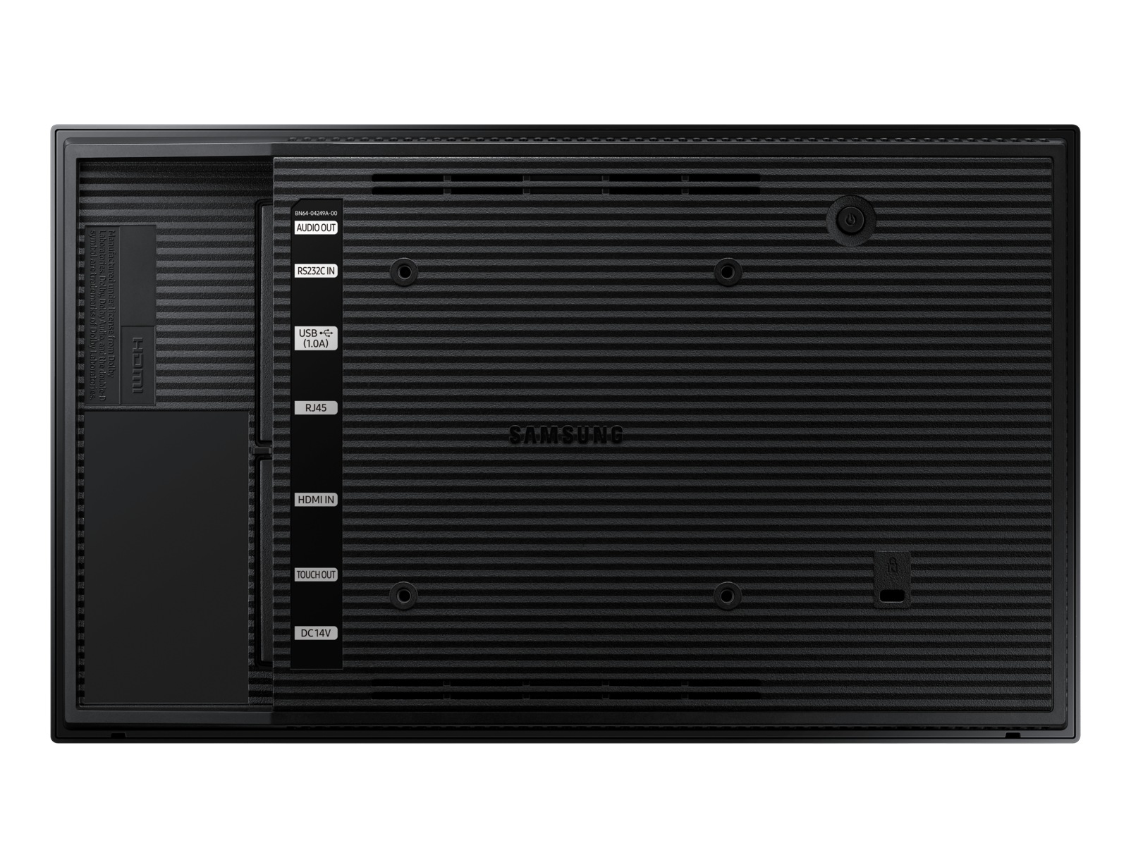 Il retro di un TV Samsung che mostra varie porte, il logo Samsung e una superficie strutturata.