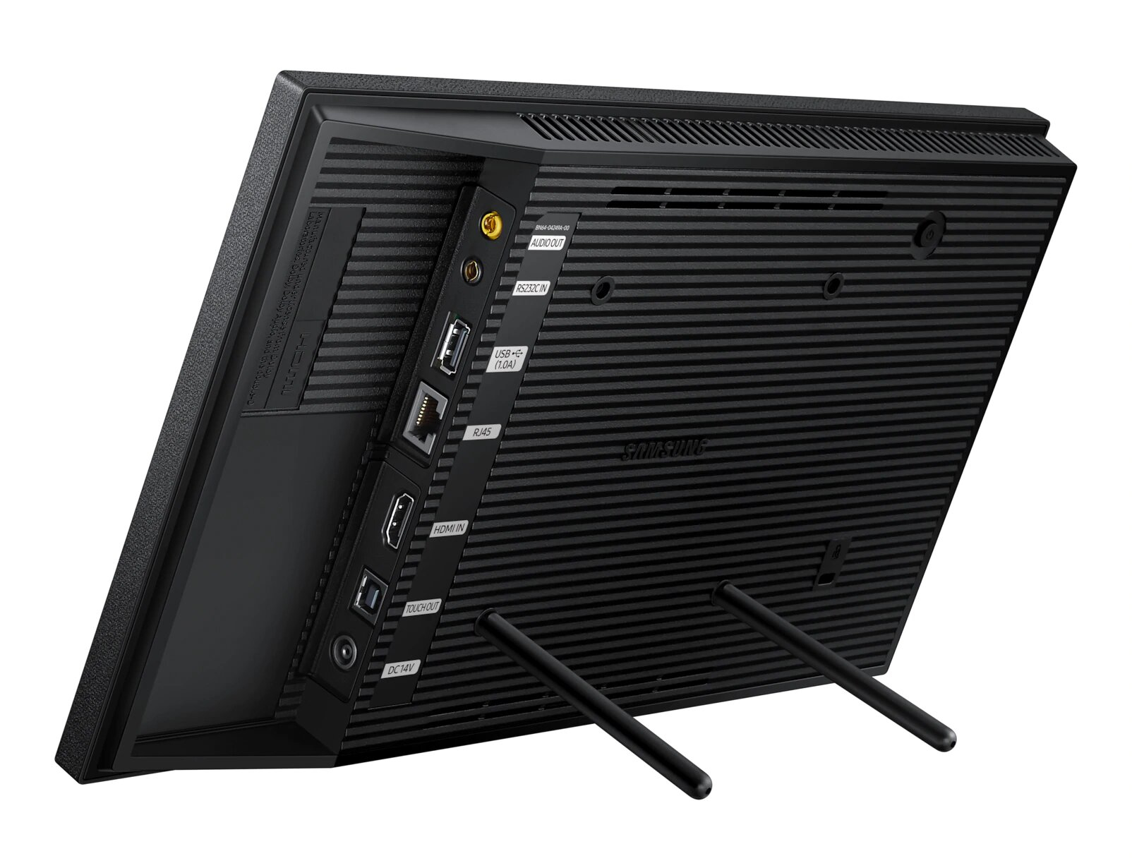 Retro di un monitor nero con varie porte, tra cui HDMI e USB. Il monitor ha una trama a coste.