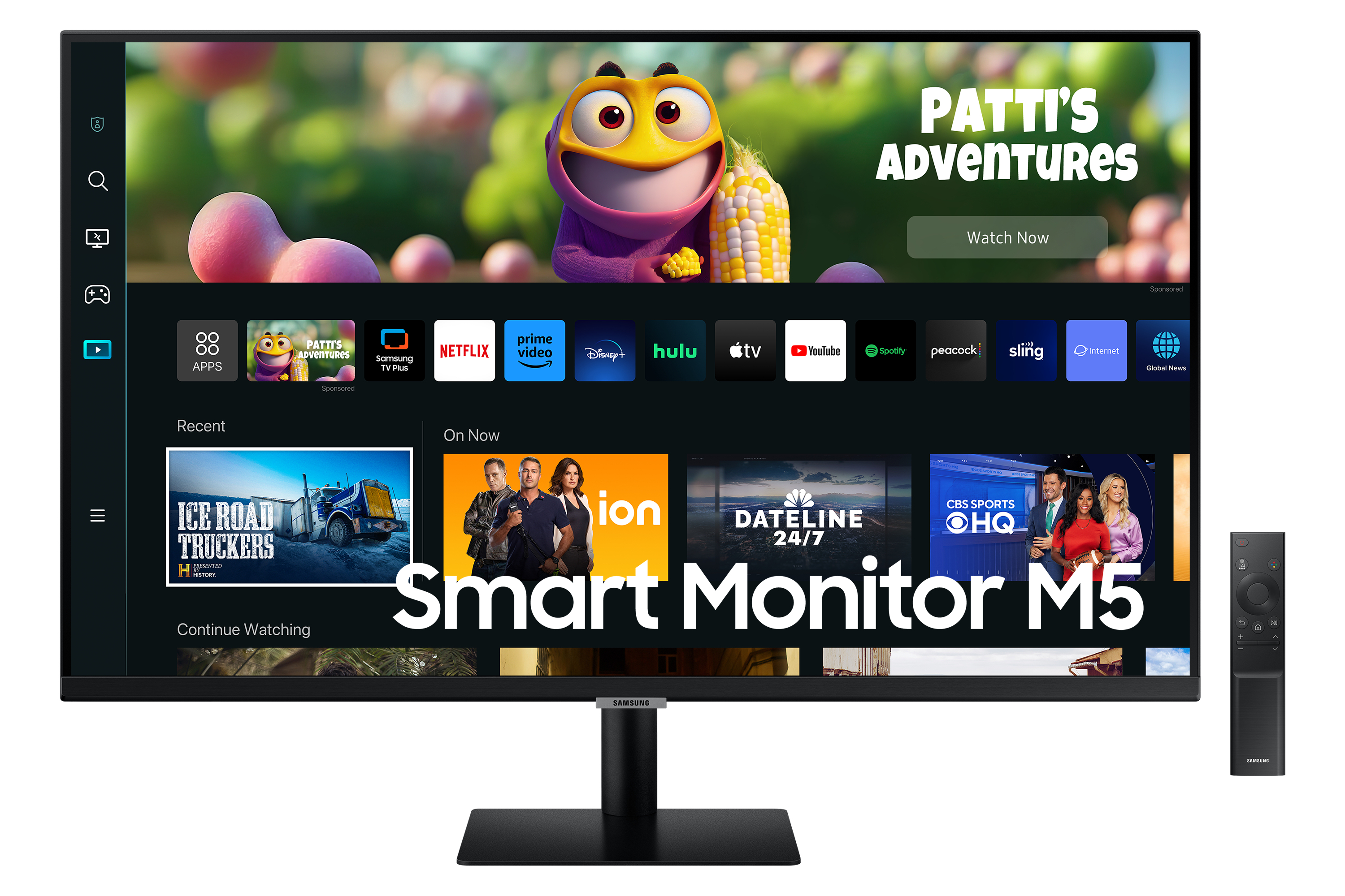 Samsung Smart Monitor M5 che visualizza un'interfaccia app e un telecomando sul lato.