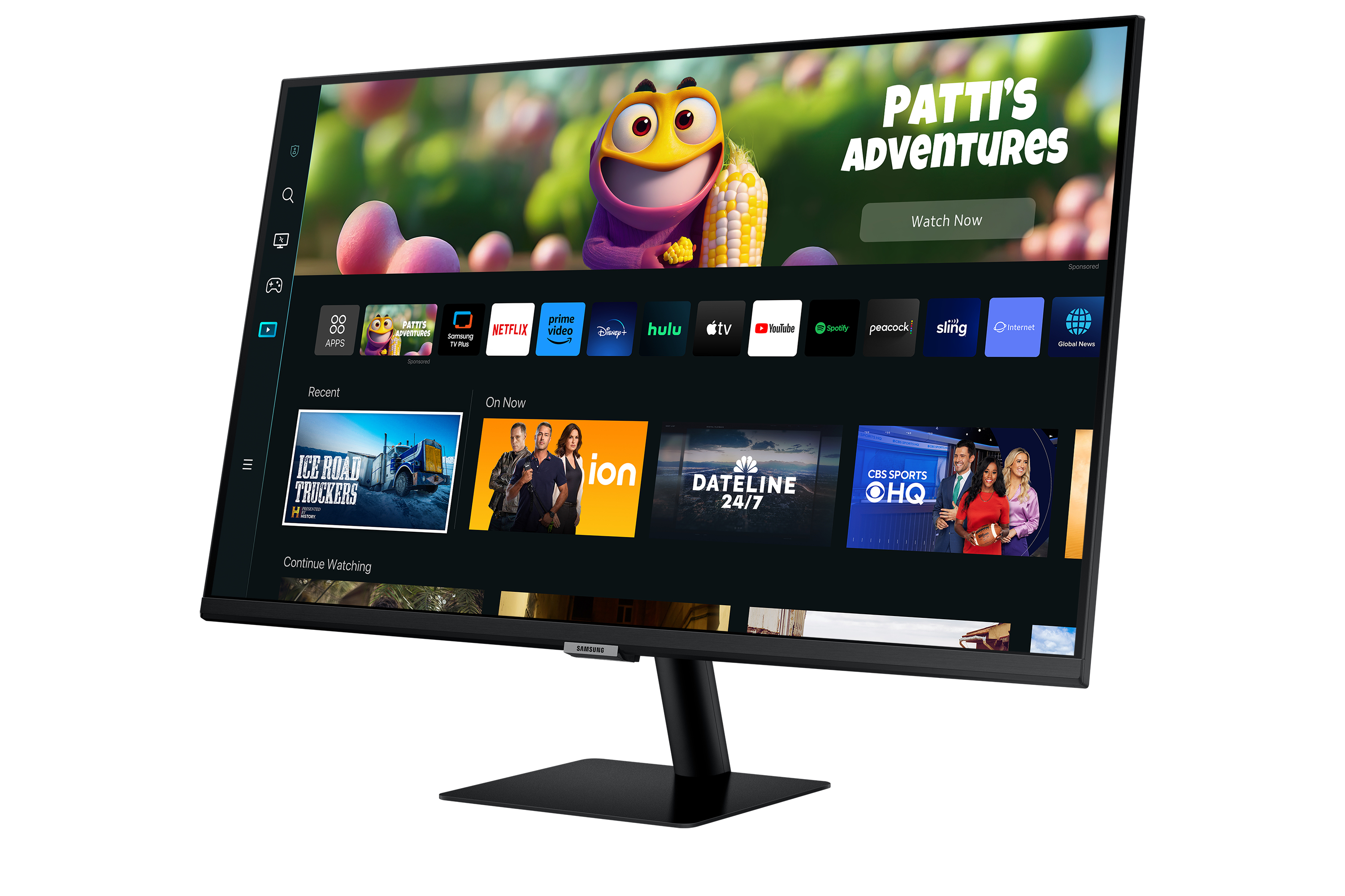 Il monitor Samsung nero mostra una pubblicità a cartoni animati. Diverse icone di app in basso.