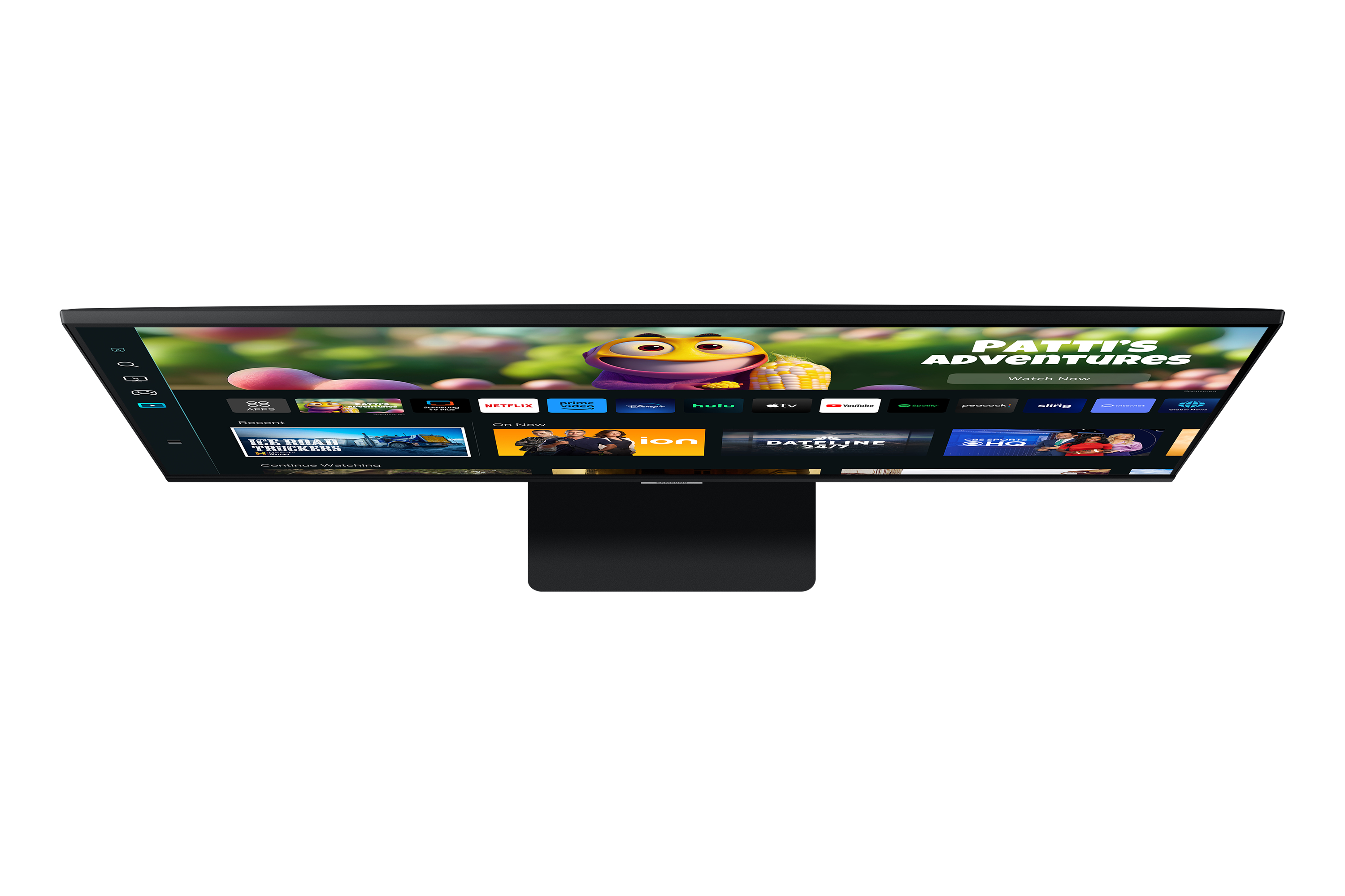 Vista dall'alto di una TV che mostra un'interfaccia colorata, con un supporto nero su sfondo bianco.