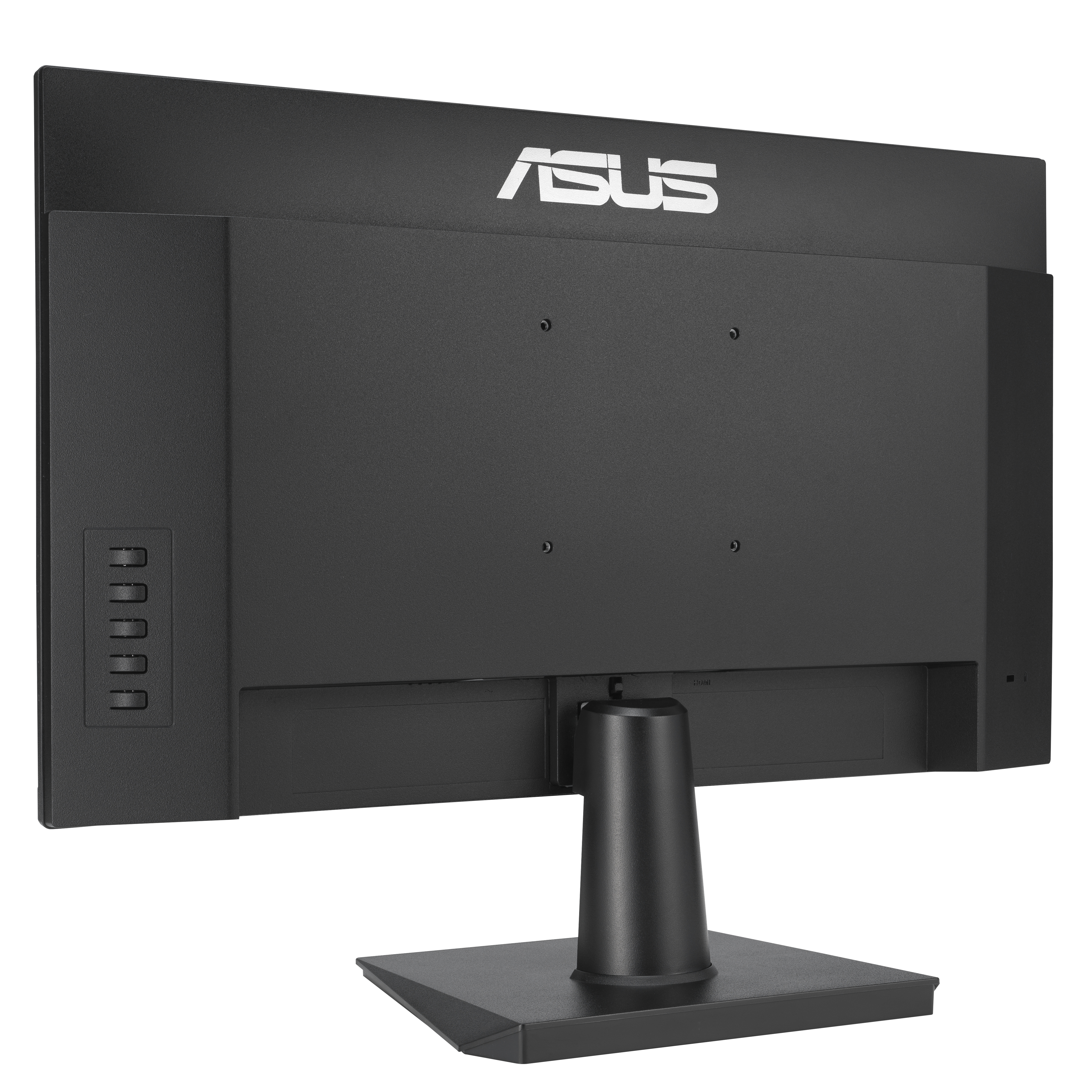 Vista posteriore del monitor ASUS nero. Il logo ASUS è in alto. Le porte sono sul lato sinistro.