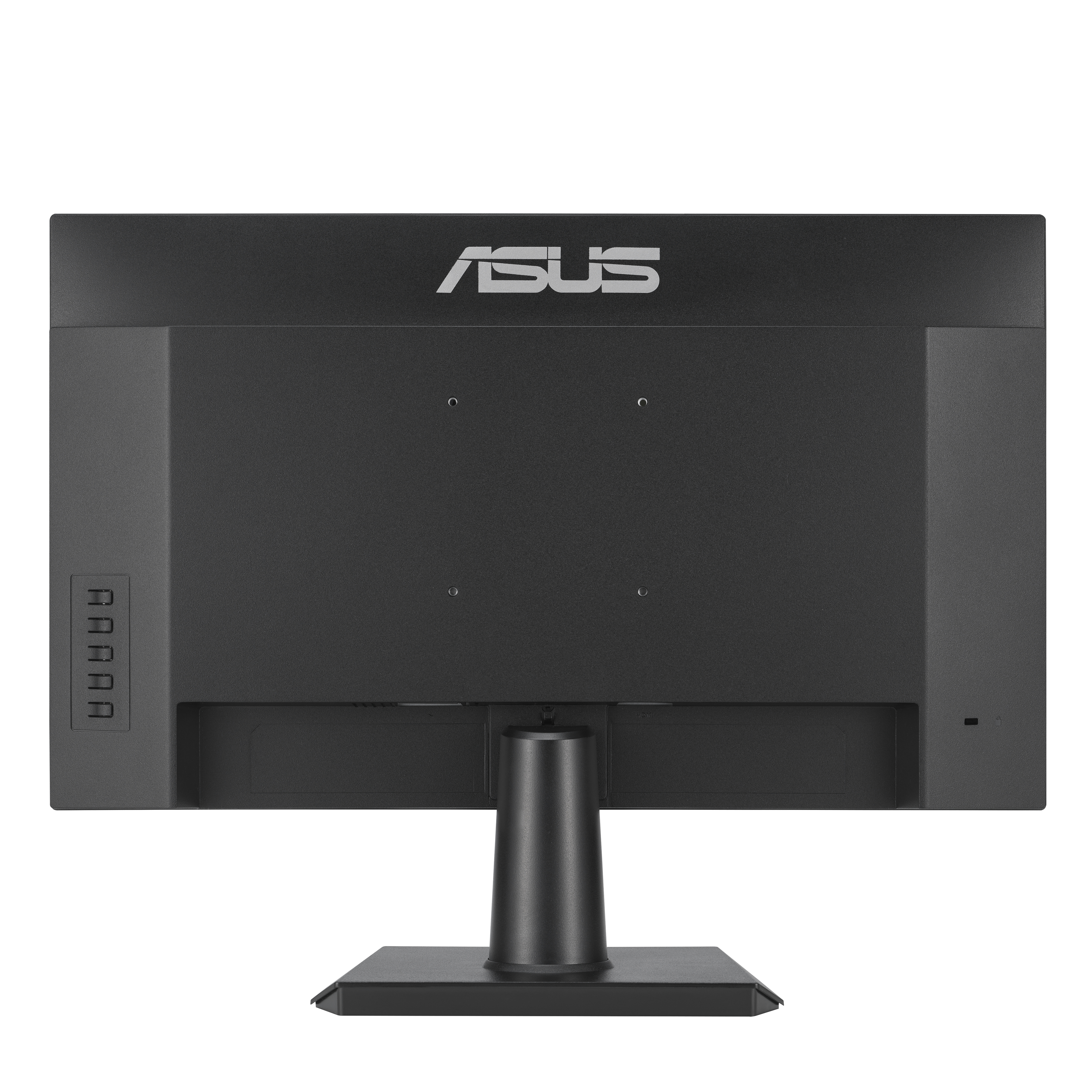 Vista posteriore di un monitor ASUS. Il logo ASUS è in alto, nero e con supporto.