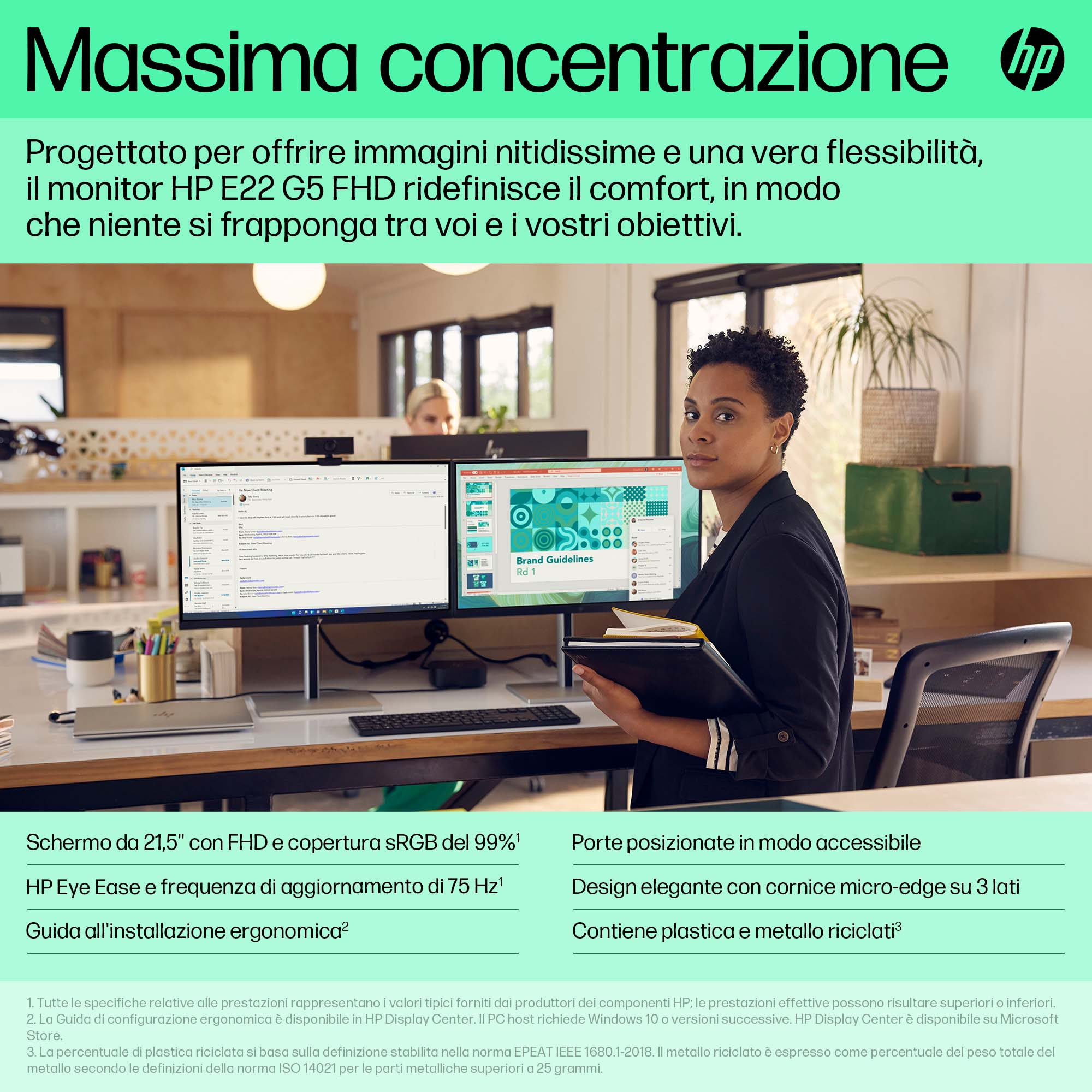 Kobieta pracująca na komputerze z dwoma monitorami. Tekst o funkcjach HP.