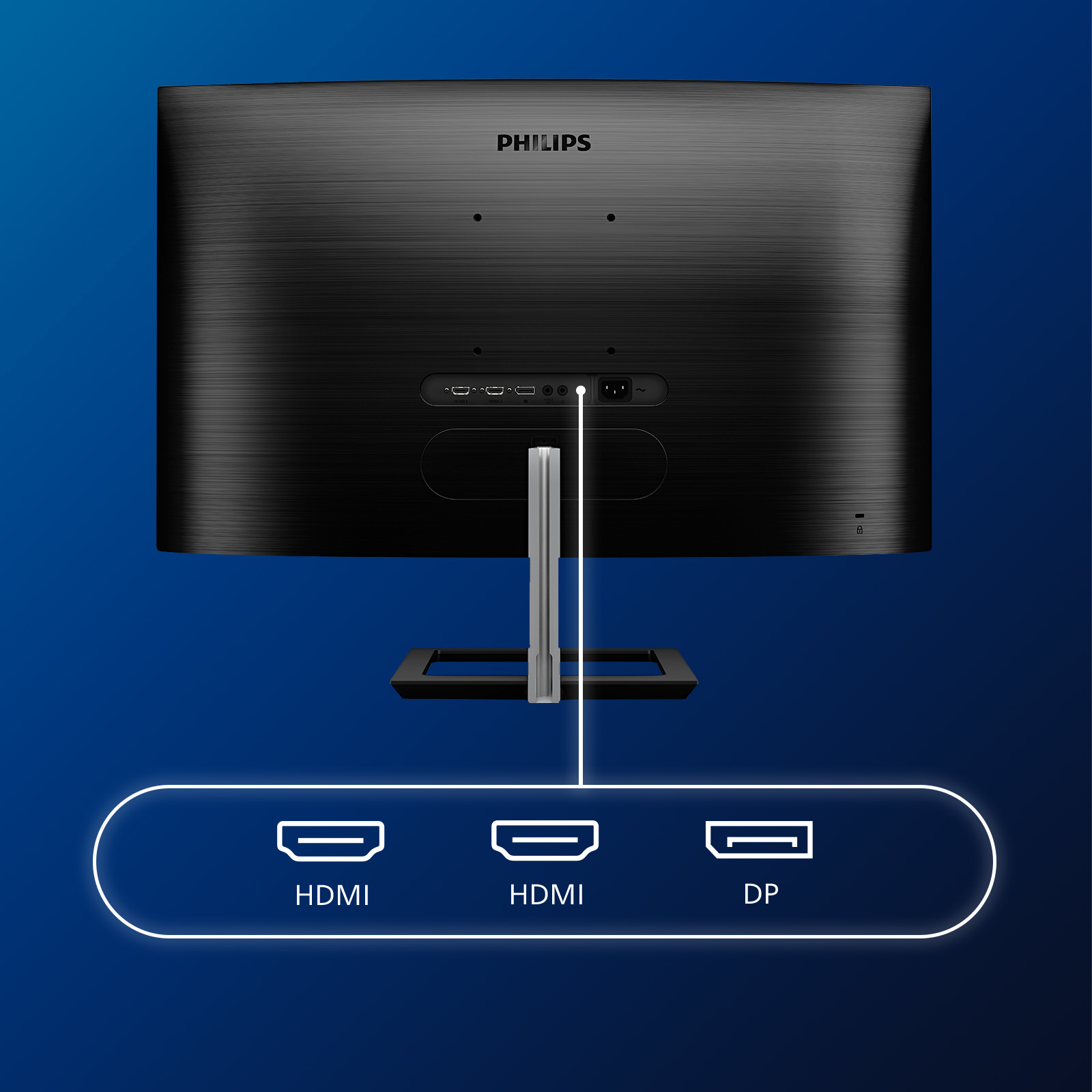 Tył czarnego monitora Philips z portami połączeniowymi: HDMI, HDMI, DP. Niebieskie tło.