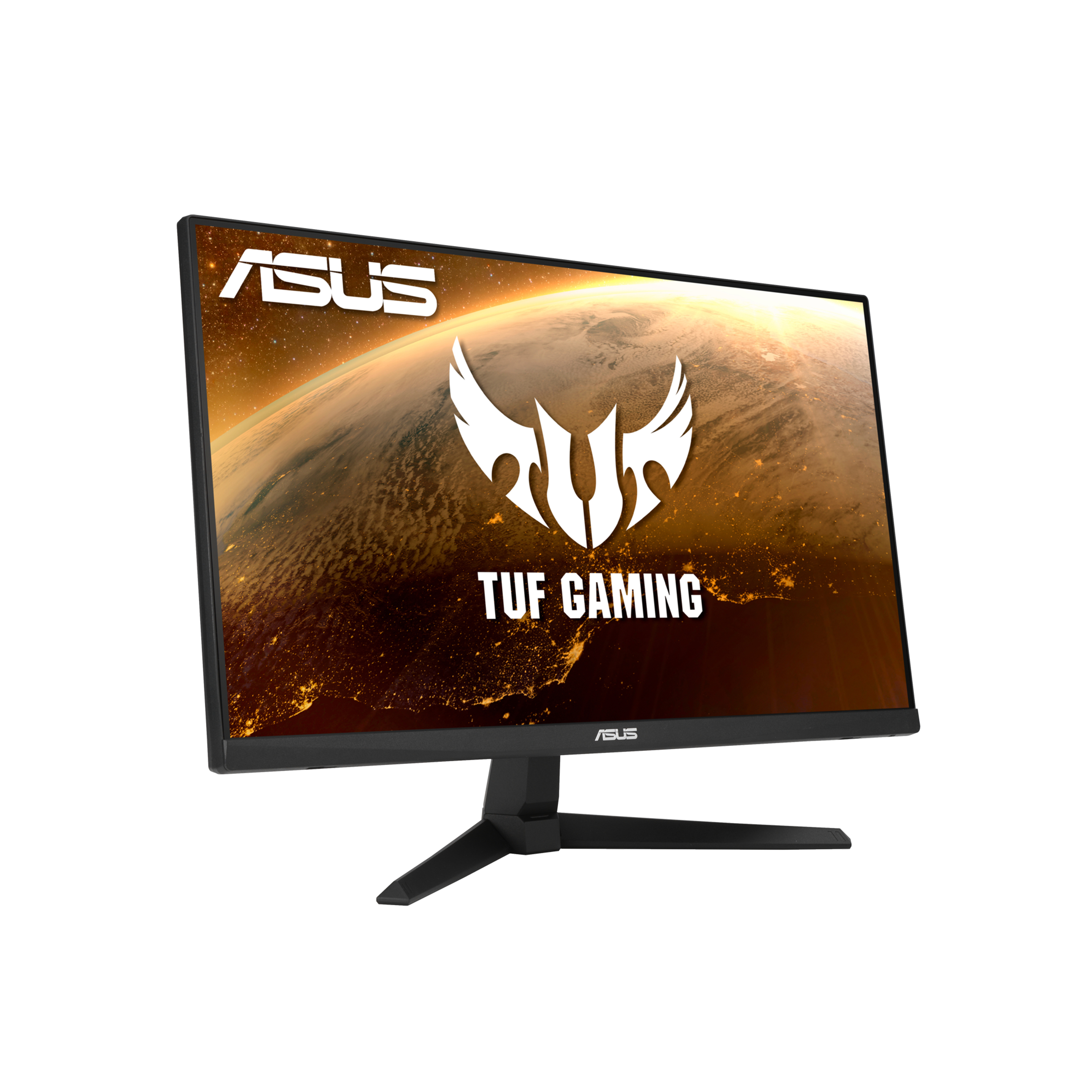 Ein ASUS TUF Gaming Monitor vor weißem Hintergrund. Der Bildschirm zeigt eine Weltraumgrafik und das ASUS-Logo.