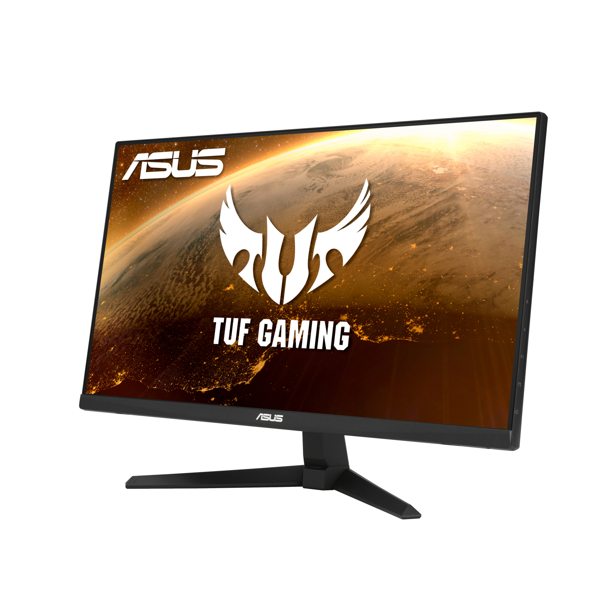 Schwarzer ASUS-Monitor mit Weltkarte und TUF Gaming-Logo.