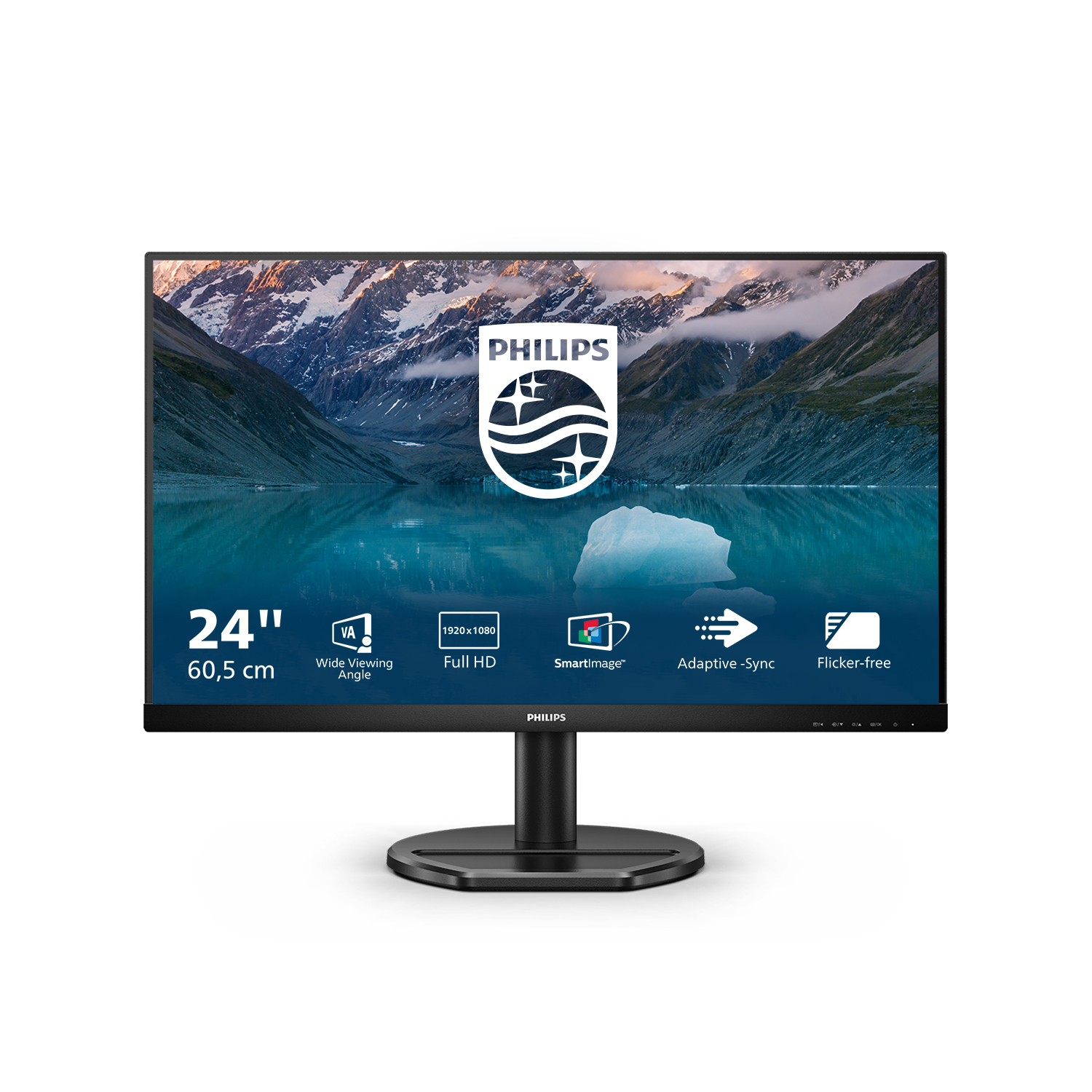 Il monitor mostra un lago con montagne. Caratteristiche: 24", ampio angolo di visione, Full HD, SmartImage.