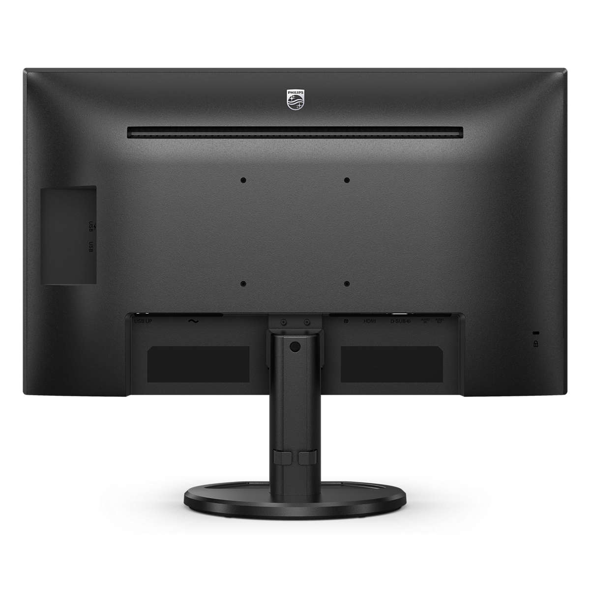 Il retro di un monitor nero per computer con porte e supporto.