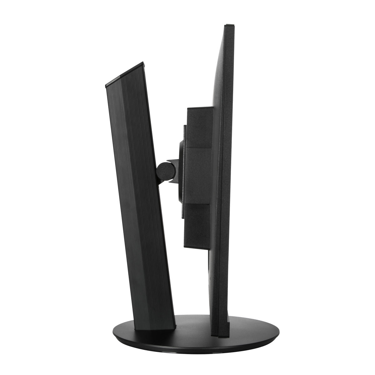 Widok z boku czarnego monitora z zakrzywioną podstawą i solidną, prostokątną podstawką.