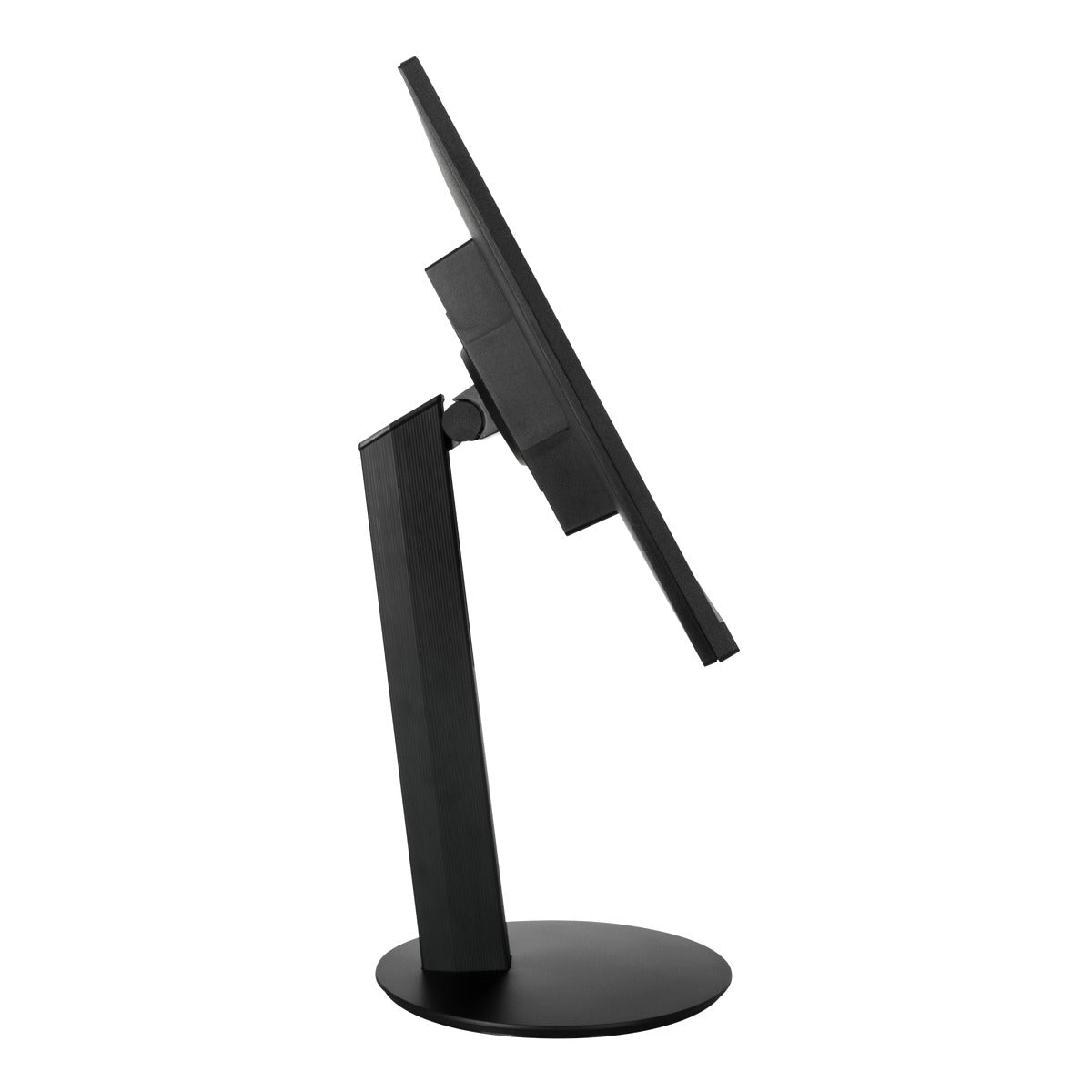 Widok z boku czarnego monitora na okrągłym czarnym stojaku.