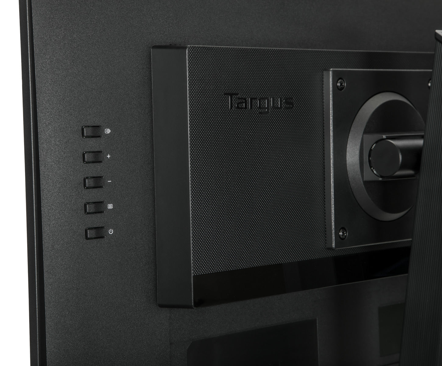 Zbliżenie czarnego monitora, przycisków i logo Targus.