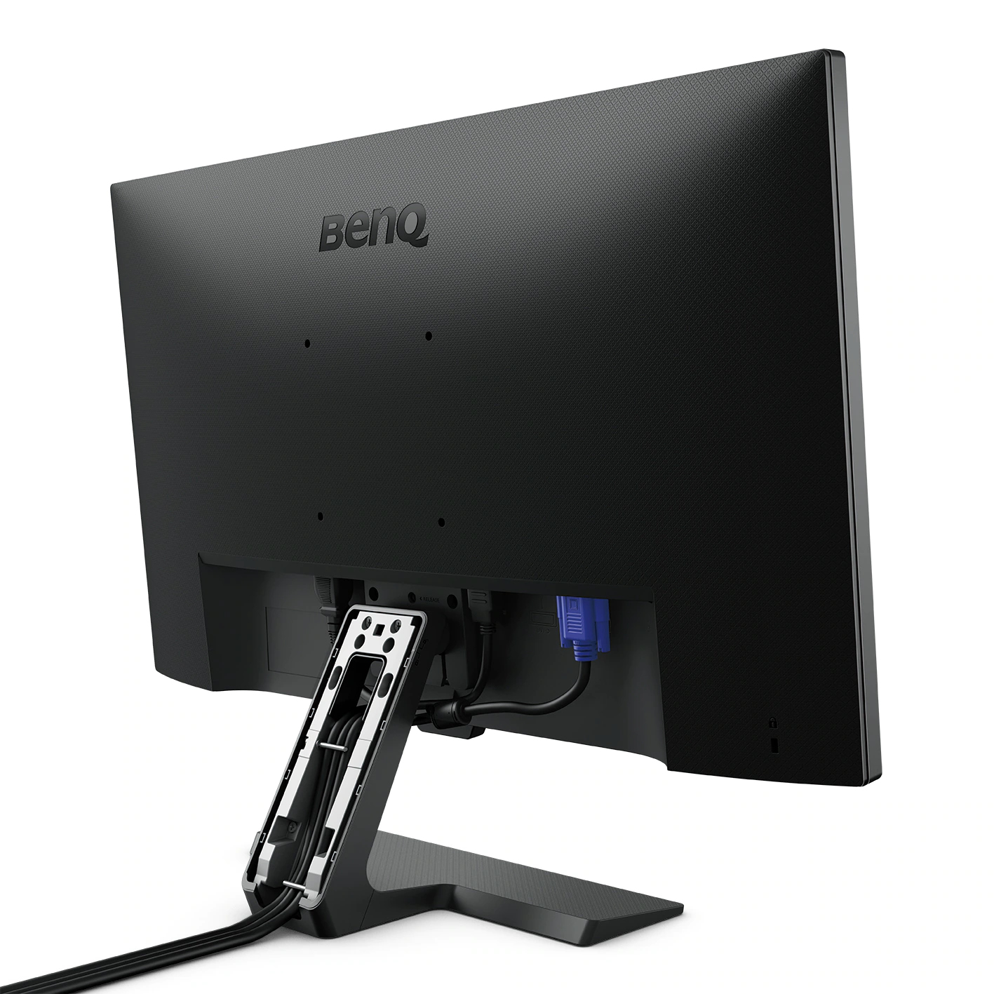 Vista posteriore di un monitor BenQ nero con porte, cavi e staffa di montaggio visibili.