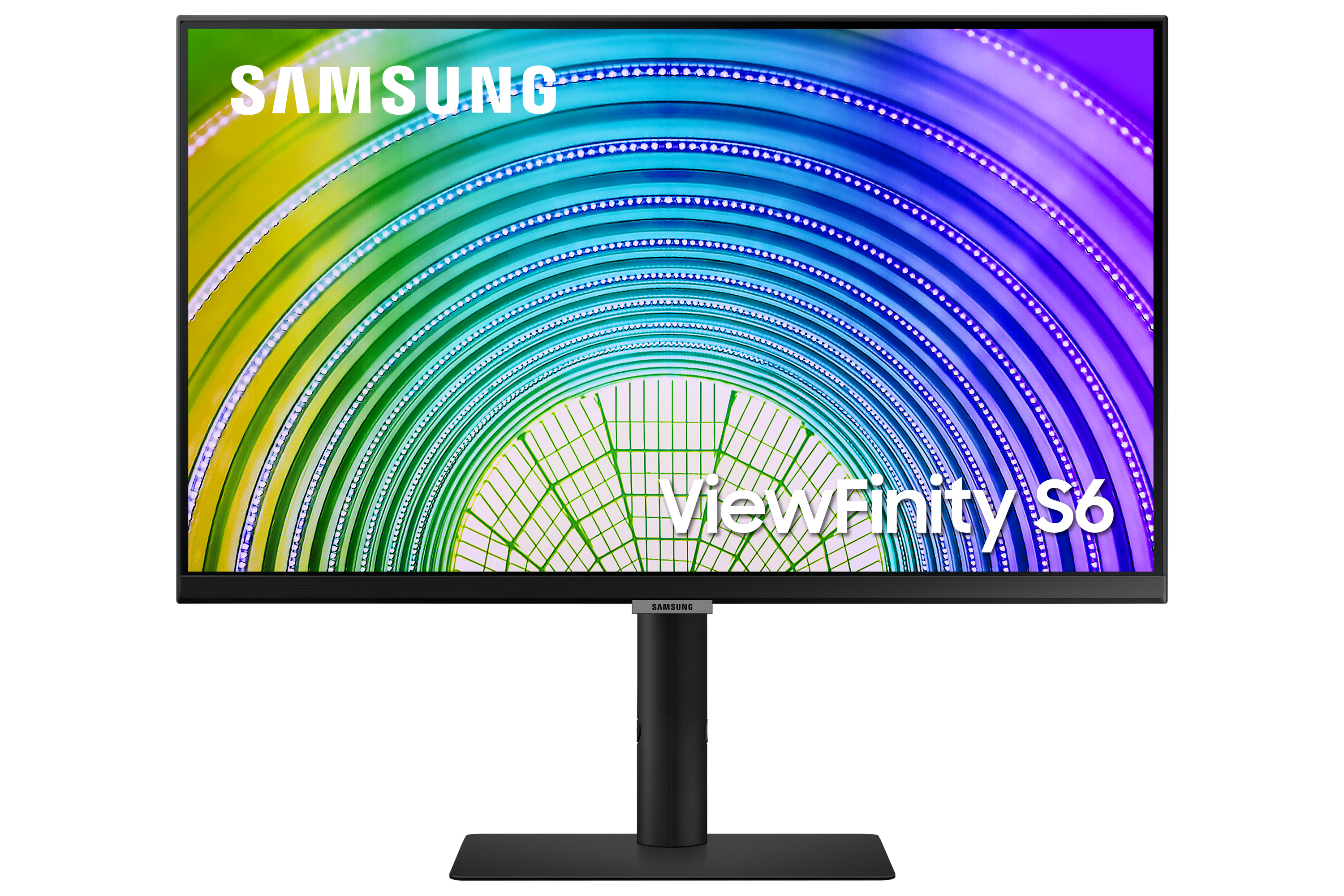 Il monitor Samsung mostra un display colorato con il logo e le parole ViewFinity S6.