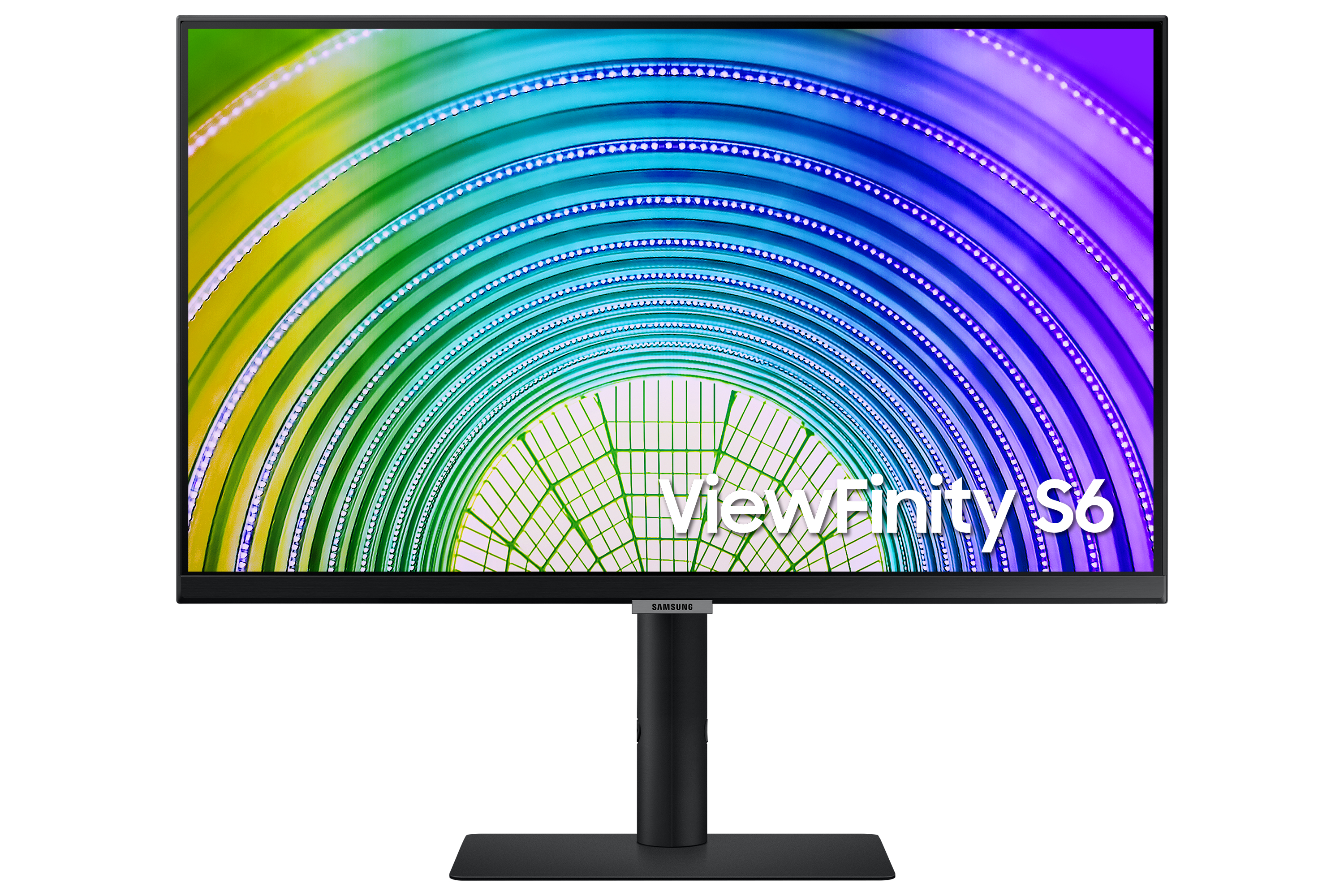 Il monitor nero mostra un motivo colorato e vorticoso. Lo schermo presenta le parole 'ViewFinity S6' in bianco.