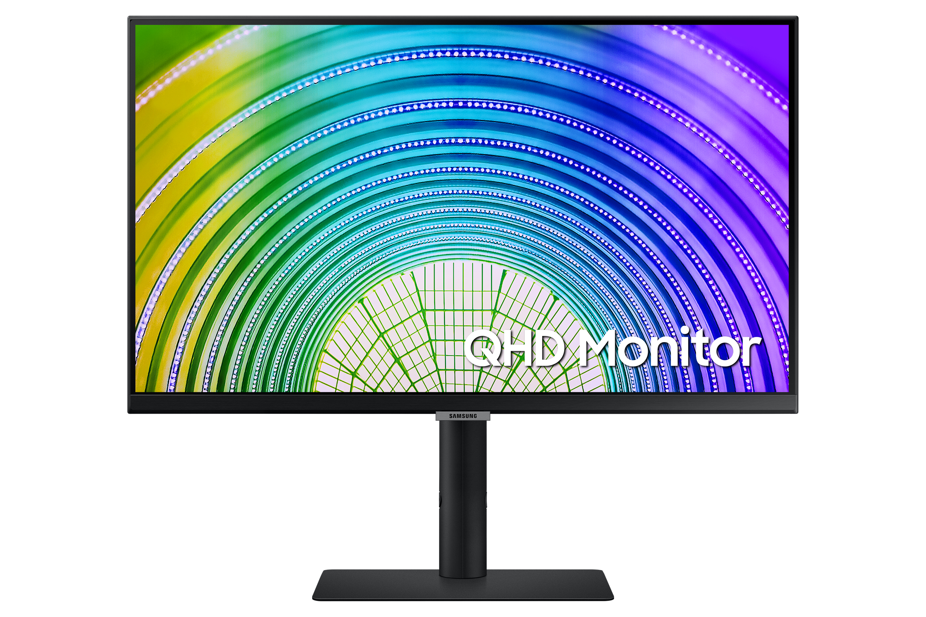 Vista frontale di un monitor Samsung QHD. Il display mostra una grafica colorata. Il monitor è su un supporto nero.
