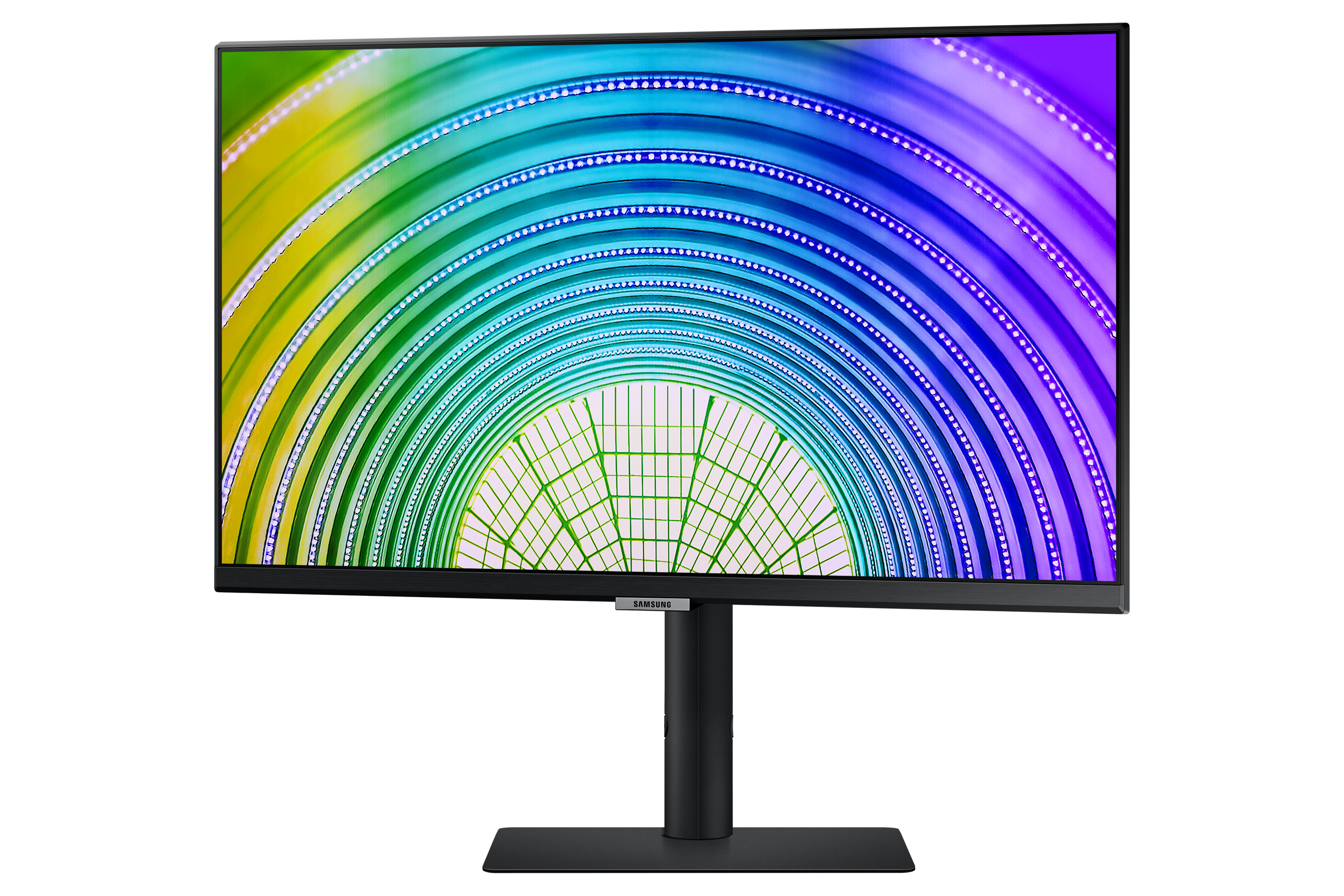 Un monitor nero mostra un design arcobaleno a spirale su uno sfondo bianco.