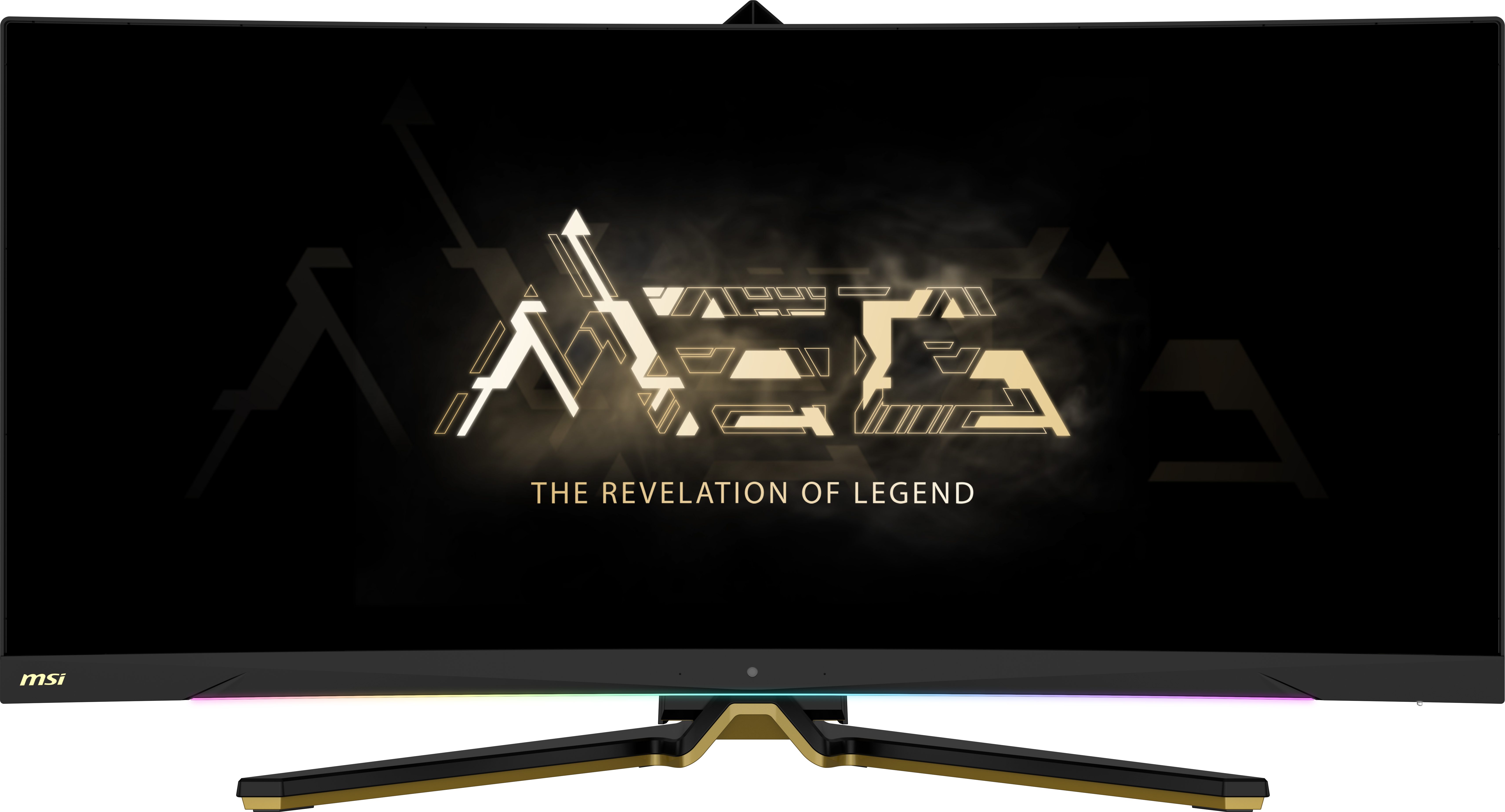 Un monitor MSI mostra un logo oro e nero su sfondo scuro.