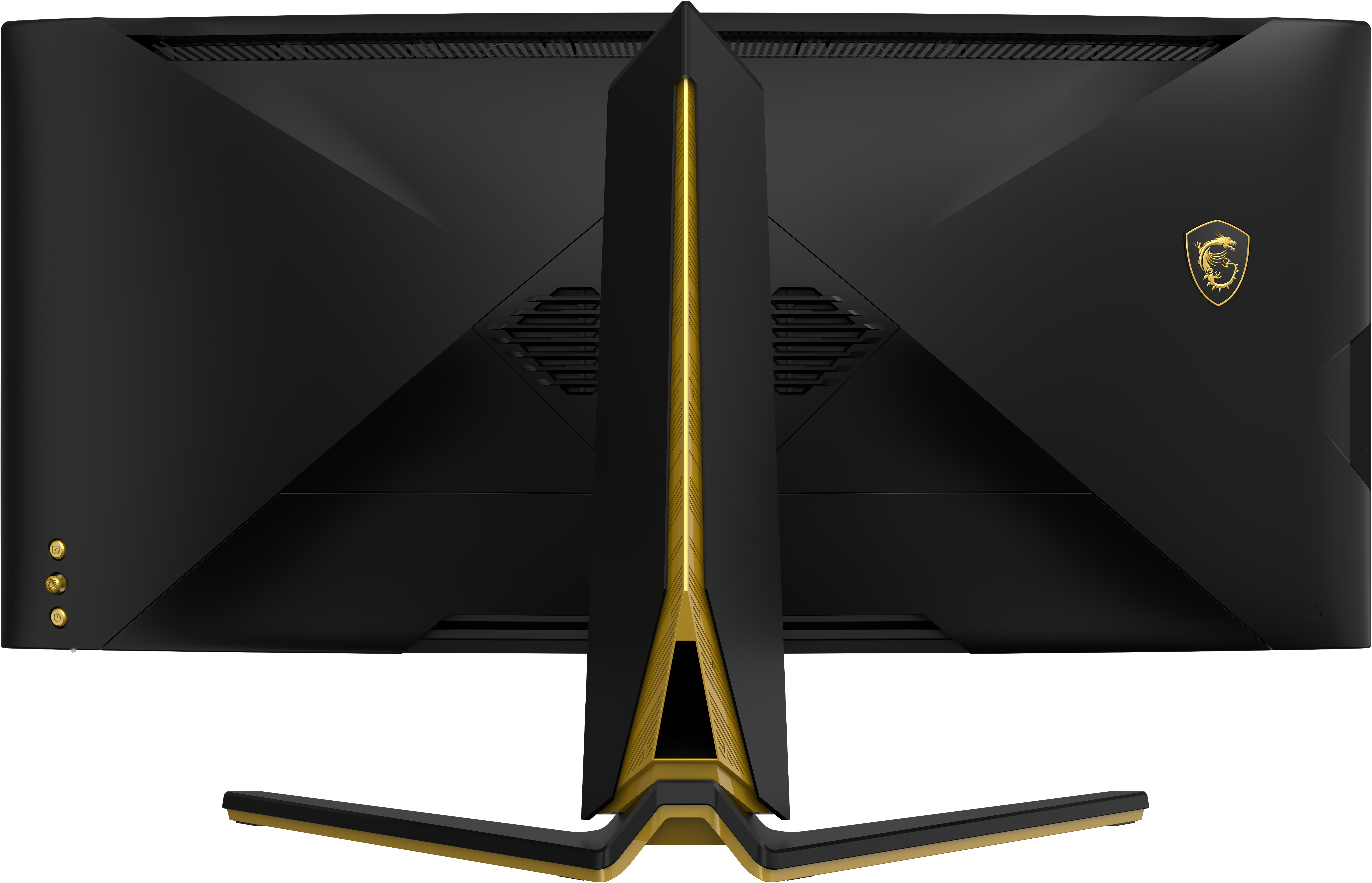 Monitor MSI nero e oro, vista dal basso. Con il logo MSI. Superficie nera.