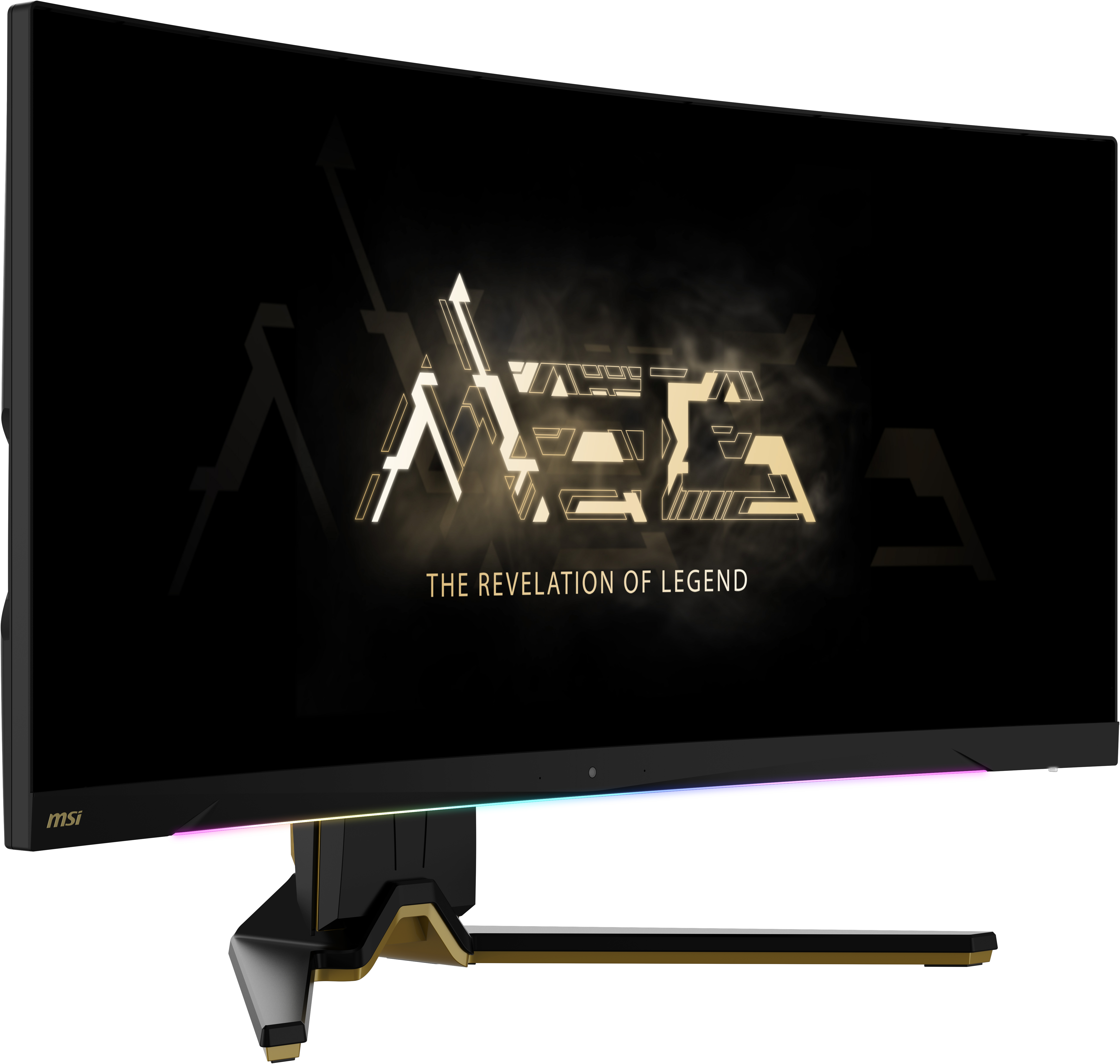 Monitor nero con testo dorato: "Aegis, The Revelation of Legend". Supporto nero e oro.