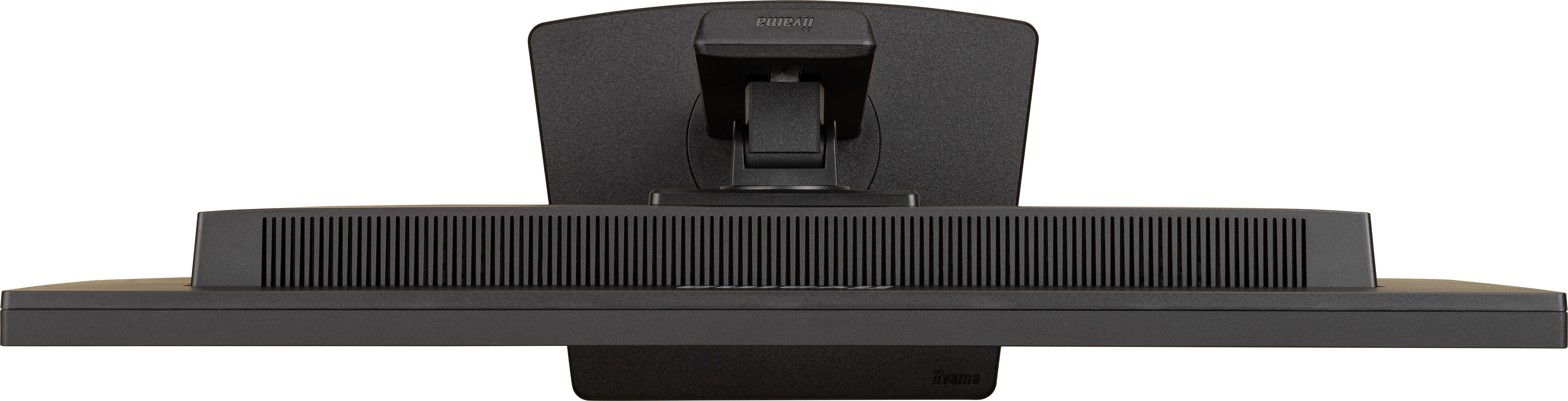 Tył czarnego monitora z podstawą. U góry nazwa marki, na dole logo.