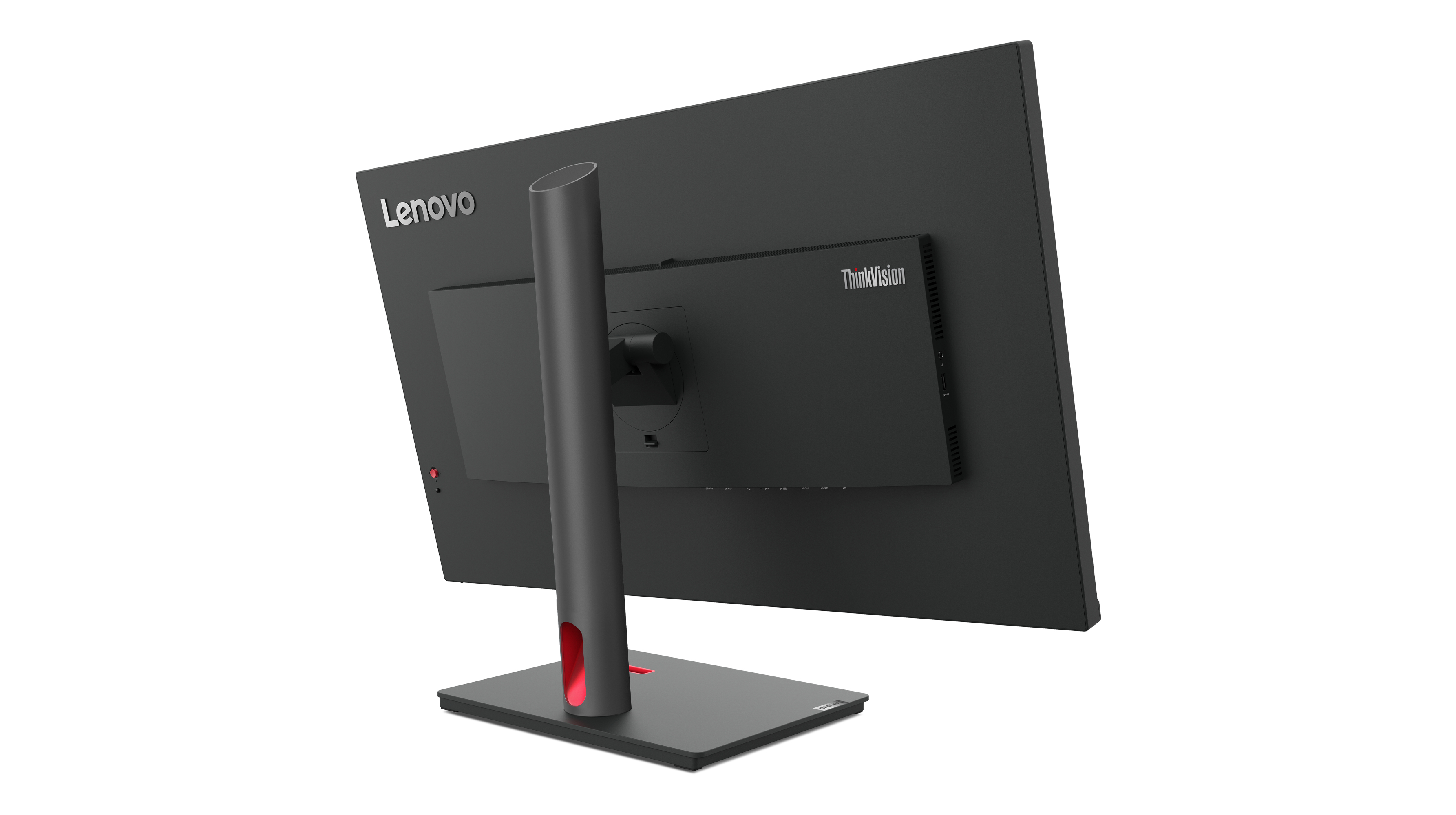 Widok z tyłu czarnego monitora Lenovo z czerwoną podstawą. Monitor ma cylindryczną podstawę i logo ThinkVision.