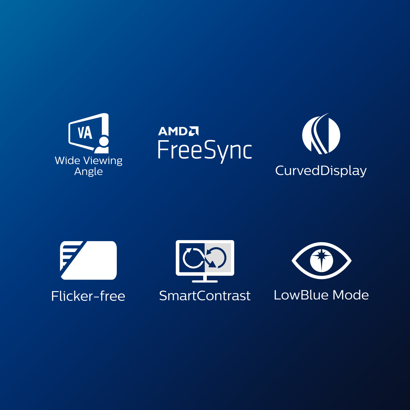 Ikony funkcji monitora, w tym kąt widzenia, FreeSync, zakrzywiony wyświetlacz, bez migotania, inteligentny kontrast.