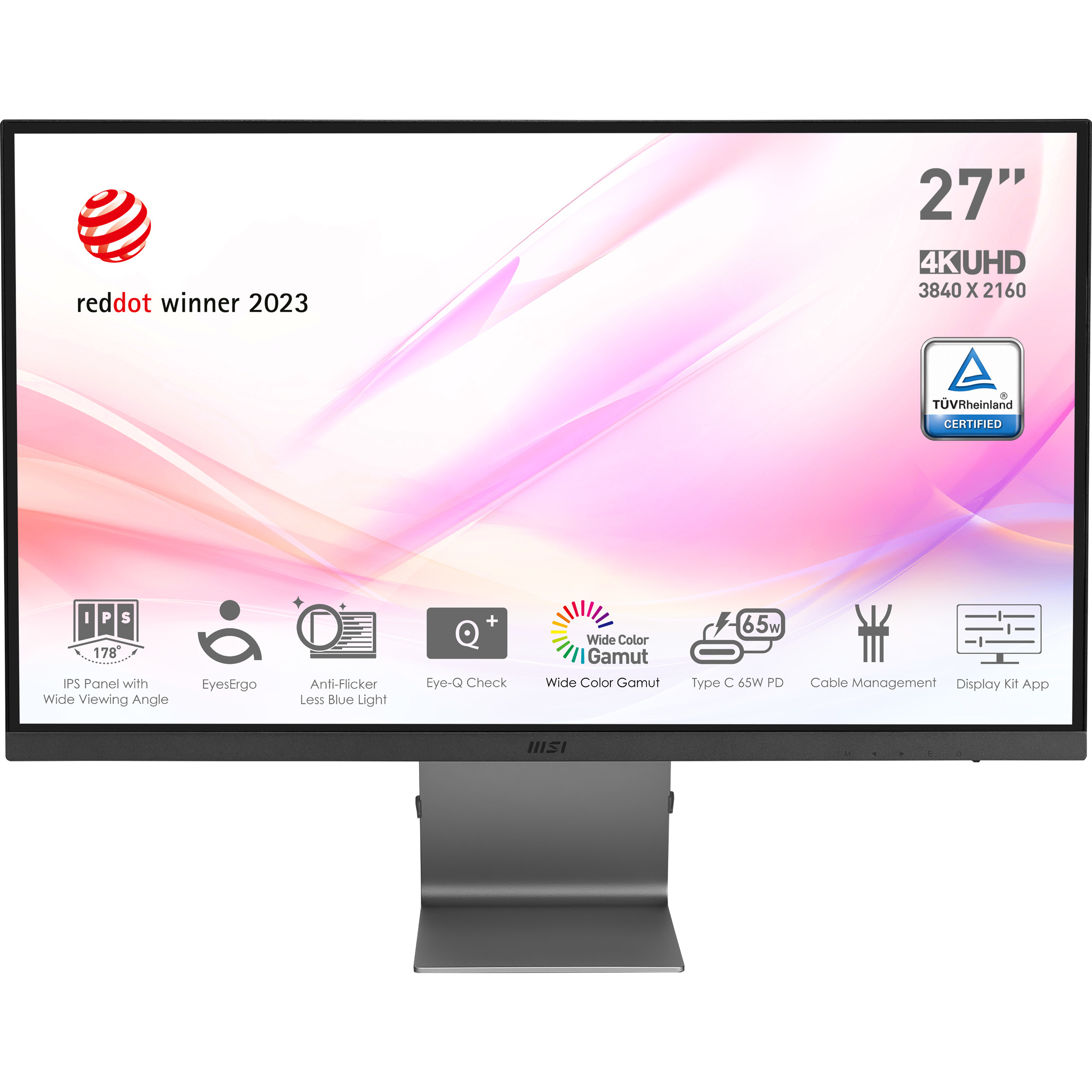 Monitor MSI con info prodotto e sfondo astratto rosa-viola.