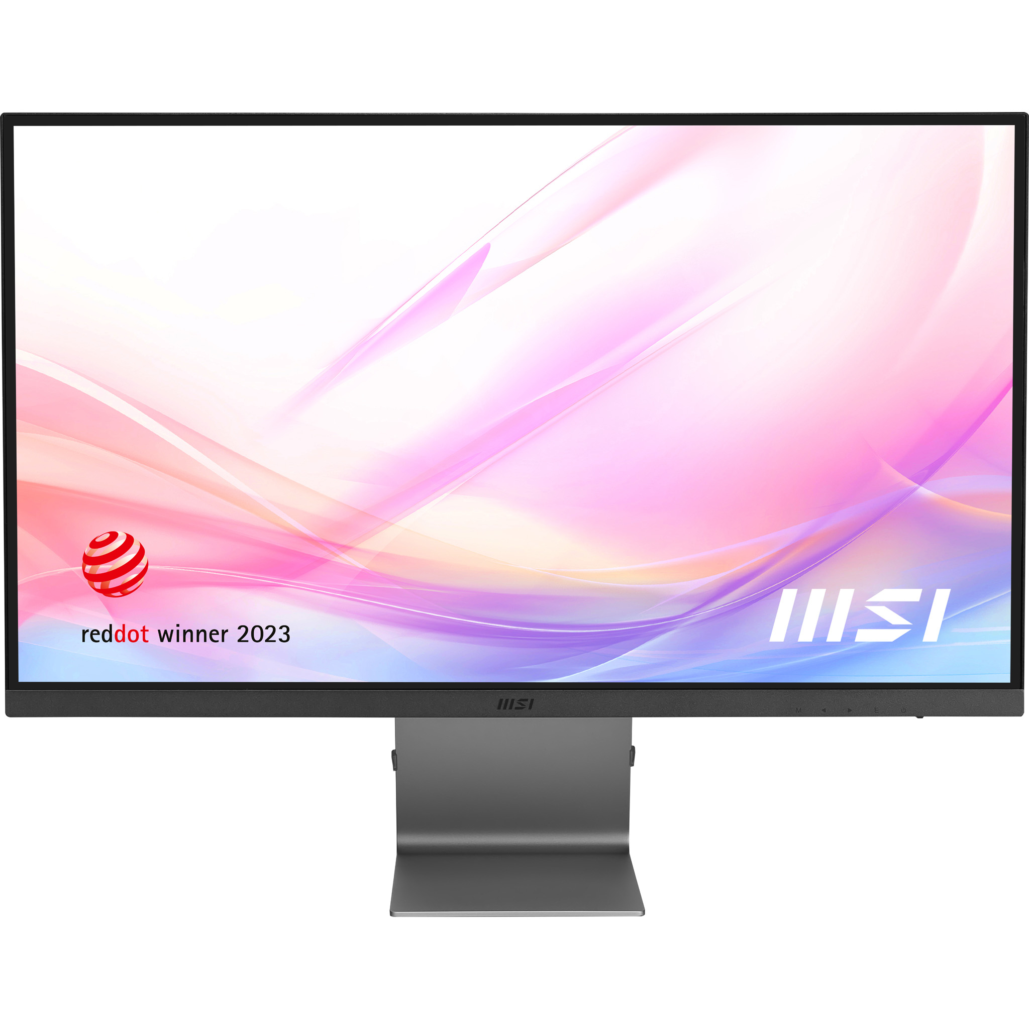 Monitor con cornice nera. Sfondo astratto rosa e bianco. Vincitore Reddot 2023. Supporto grigio.