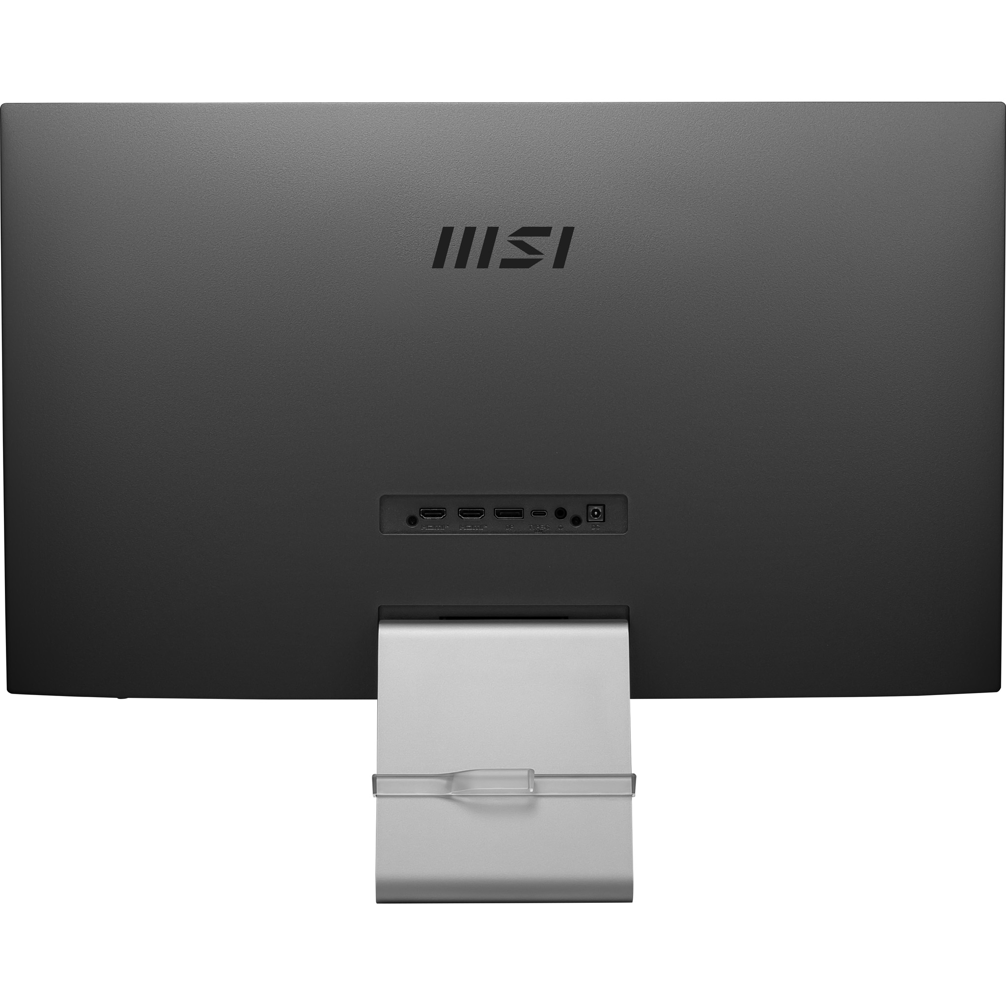 Il retro di un monitor MSI grigio. Porte e supporto visibili. Logo in alto.