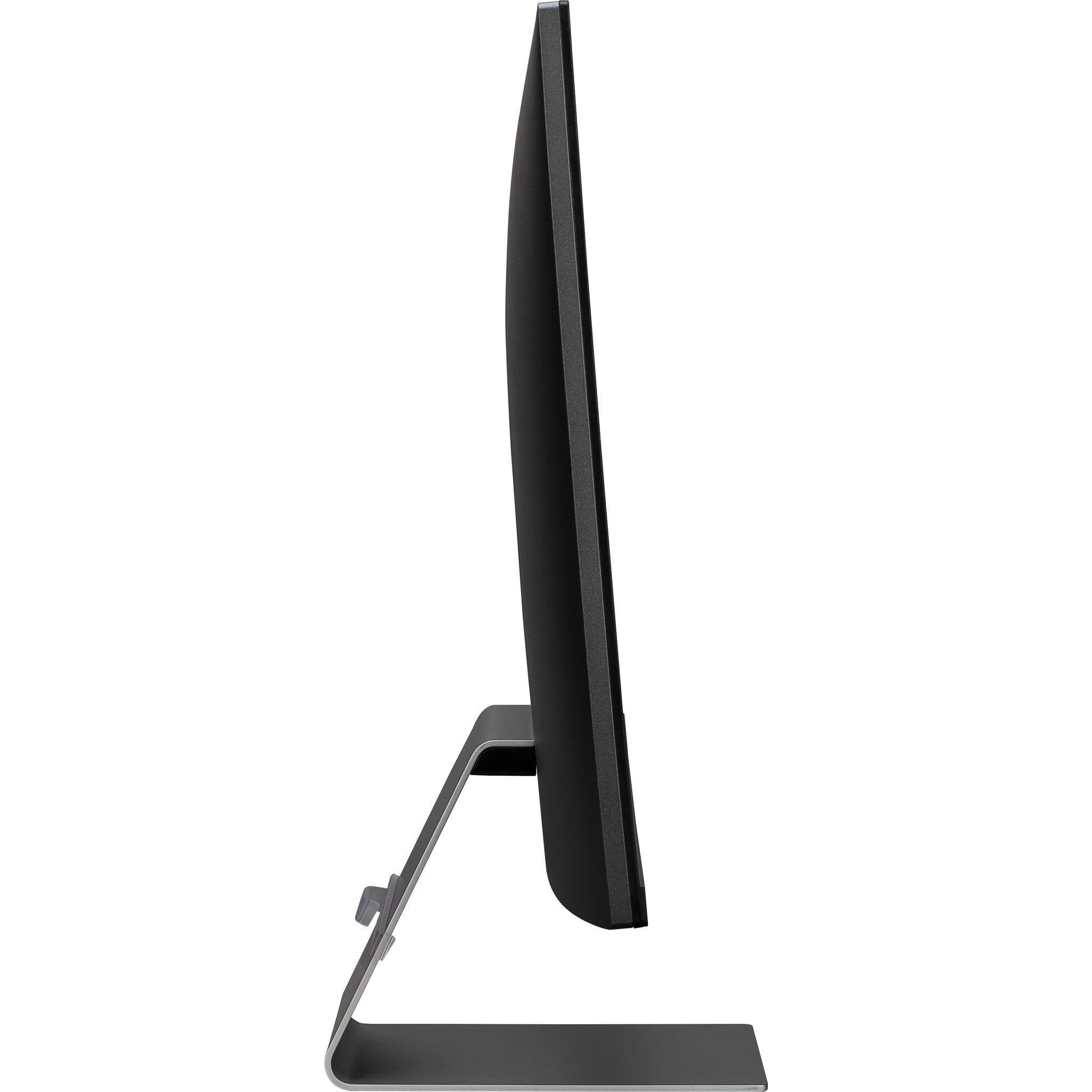 Vista laterale di un monitor nero con supporto argentato. Il monitor è sottile ed elegante nel design.