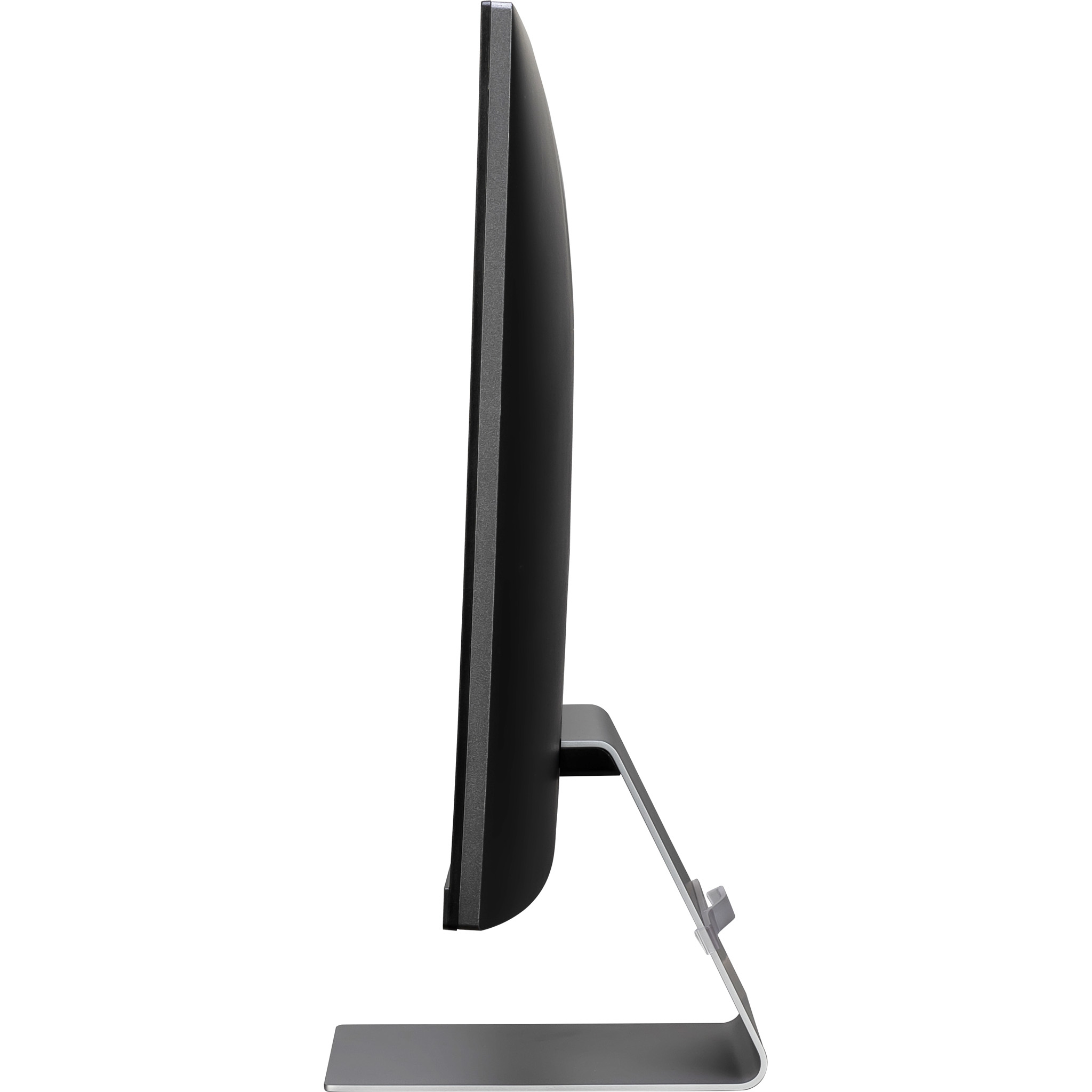 Vista laterale di un monitor nero con supporto argentato. Lo schermo è spento.