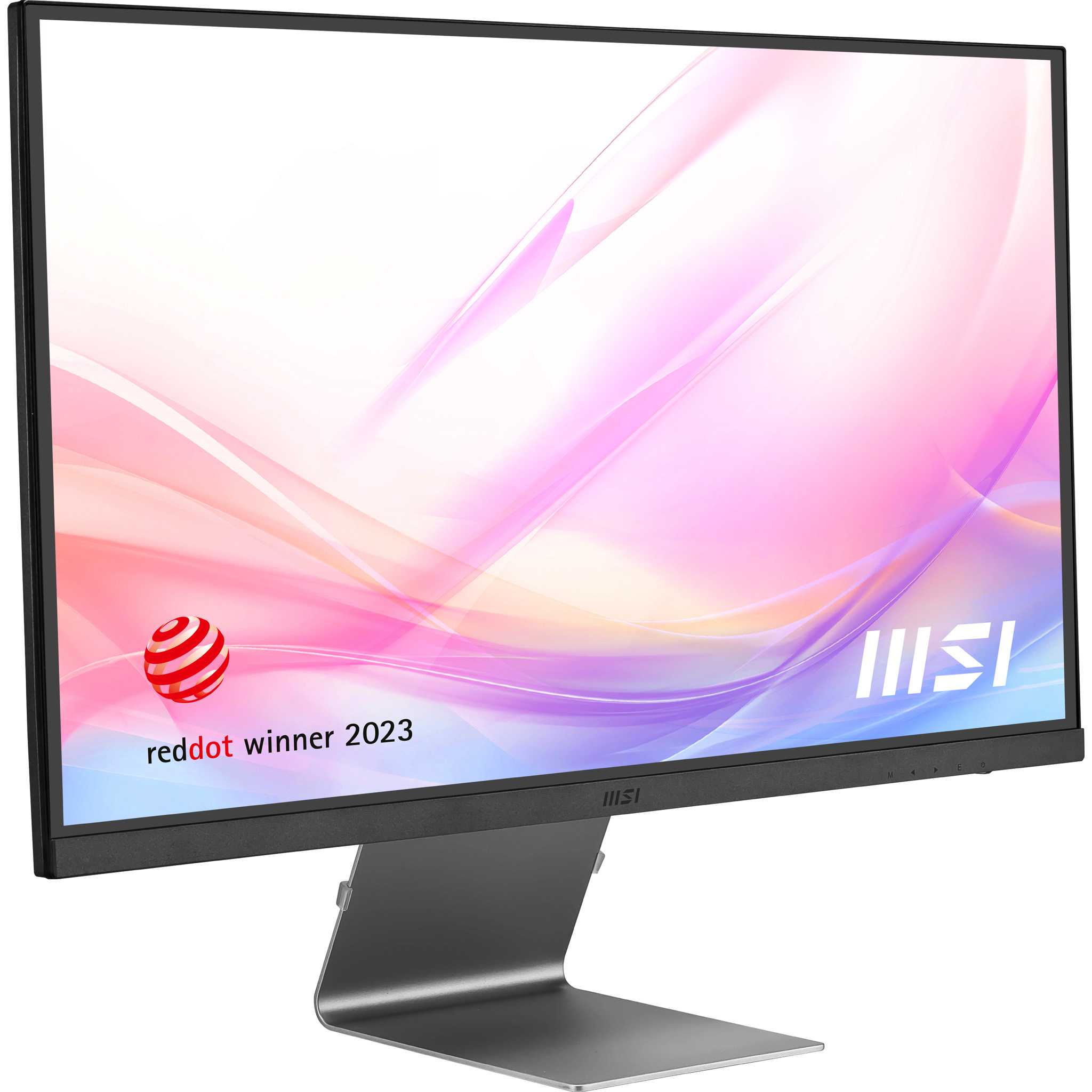 Monitor. Reddot winner 2023. Il display ha colori rosa, bianco e viola. Supporto argento.