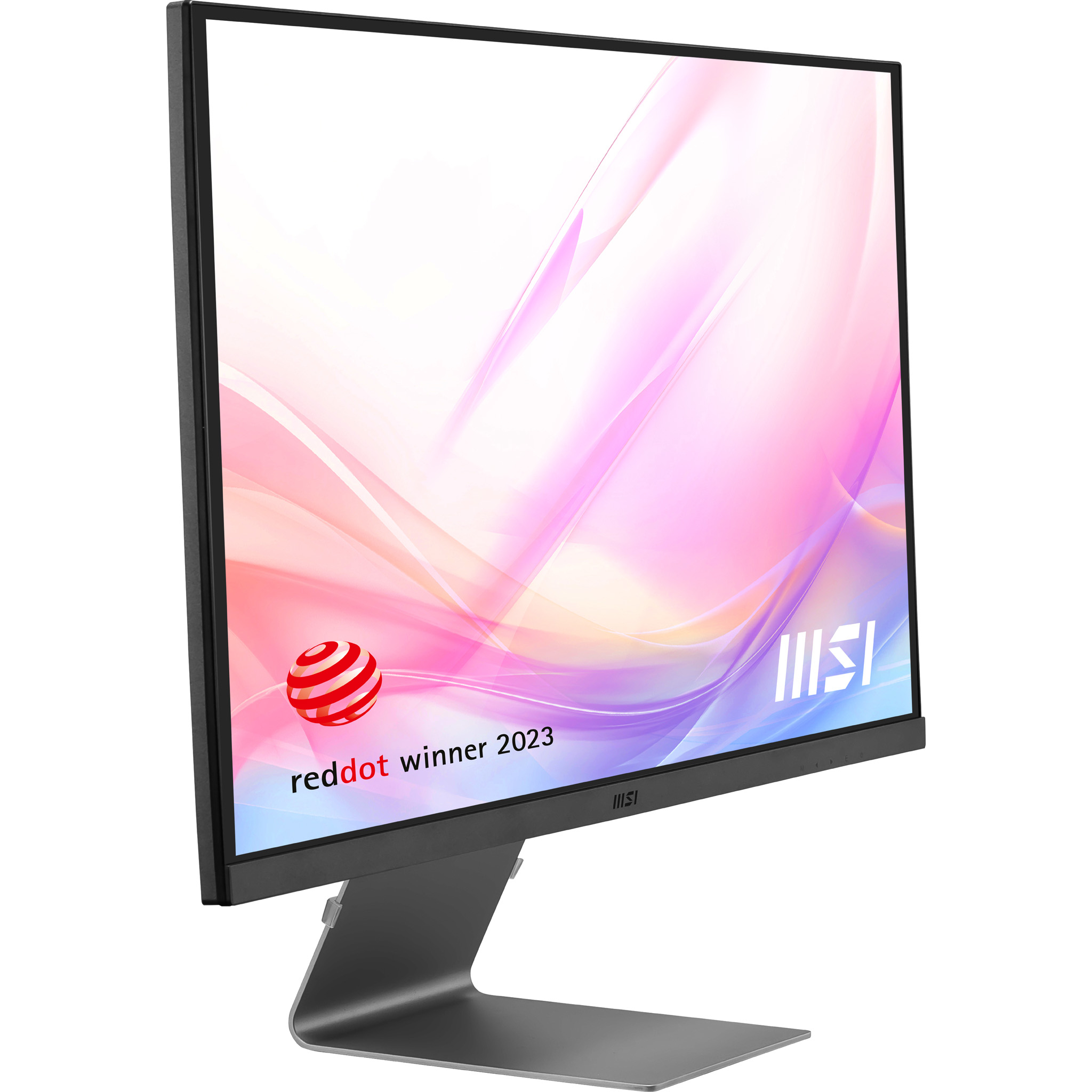 Monitor MSI con vincitore red dot 2023, base grigia, sfondo bianco e rosa.