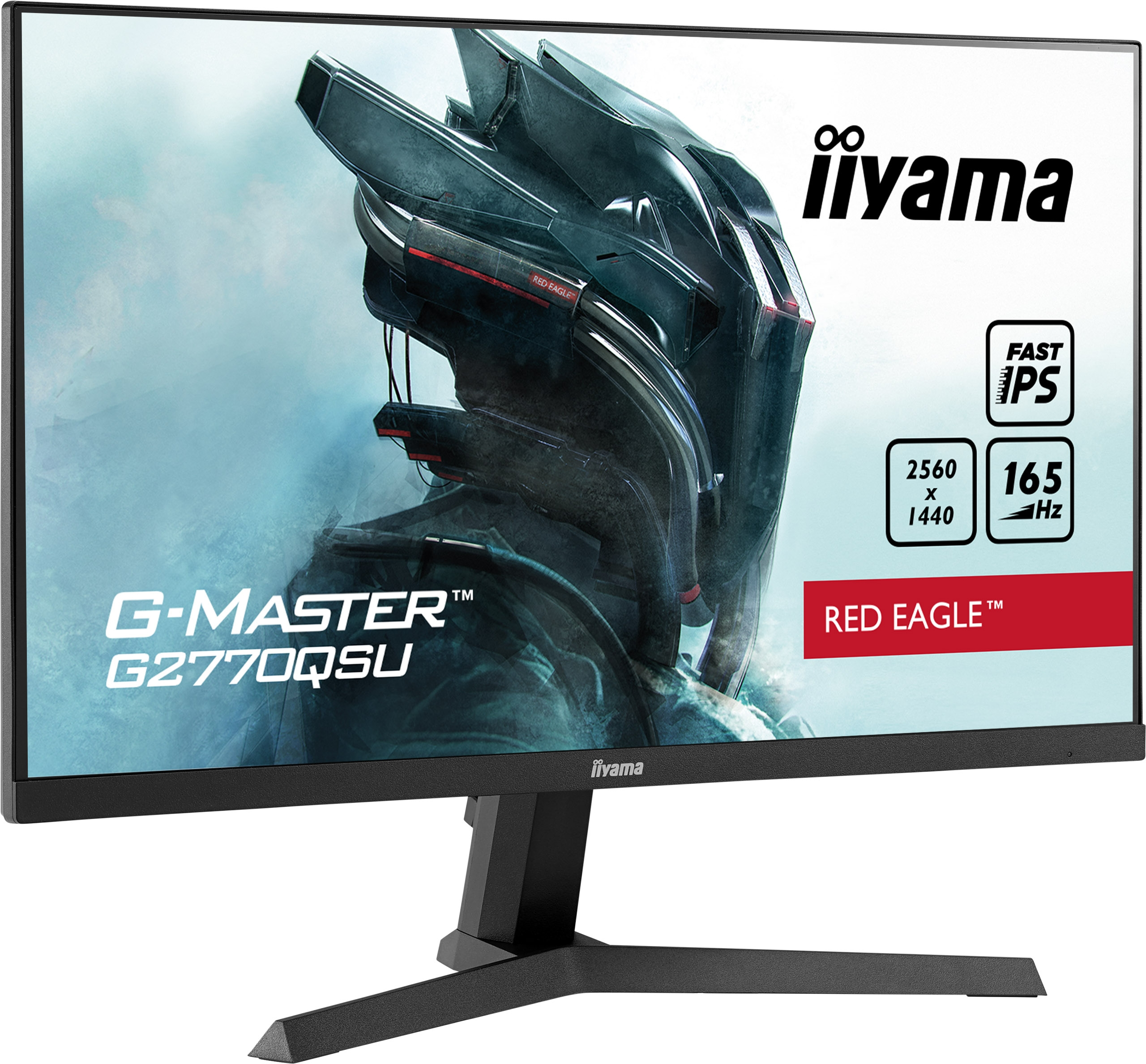 Un monitor Iiyama mostra una grafica futuristica. Ha cornice e supporto neri.