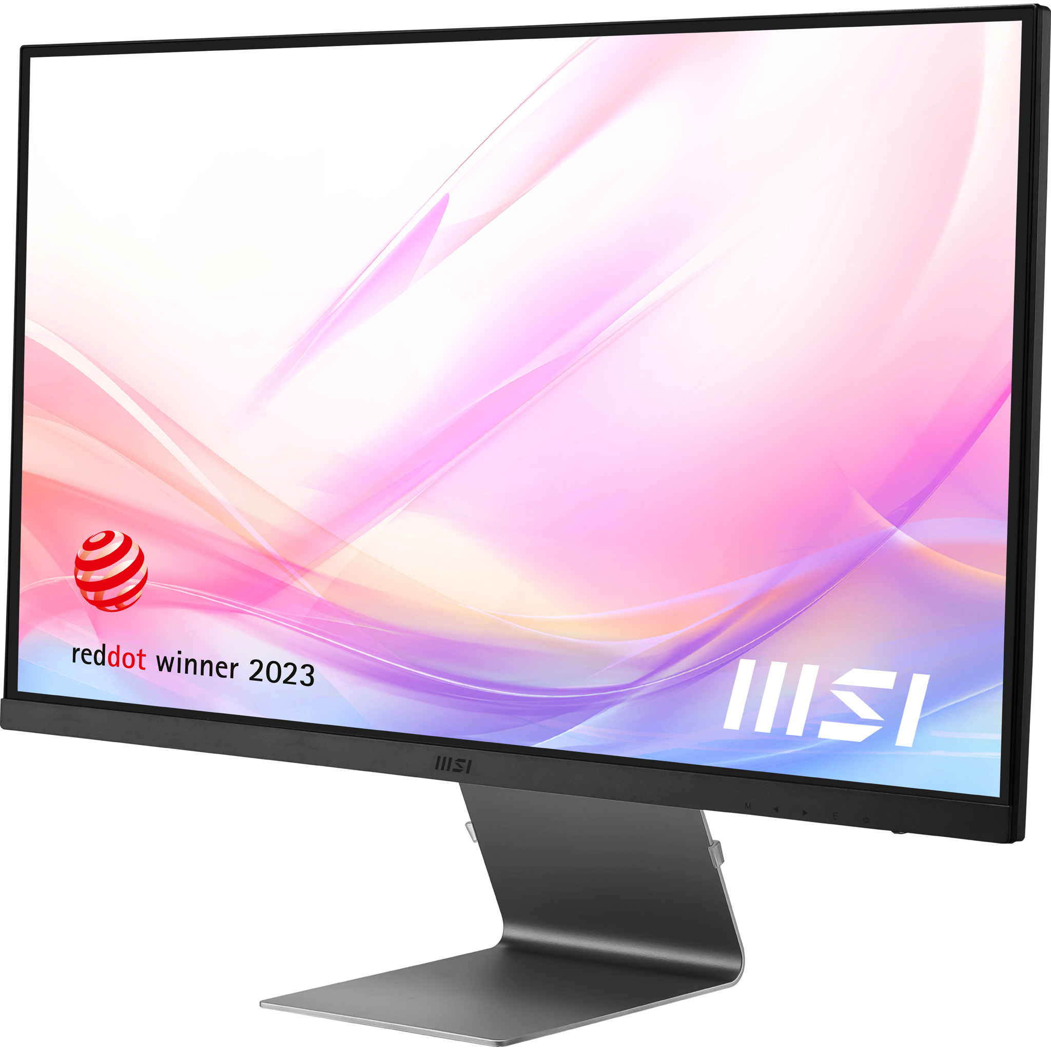 Un monitor per computer con schermo curvo, che mostra colori astratti e testo.