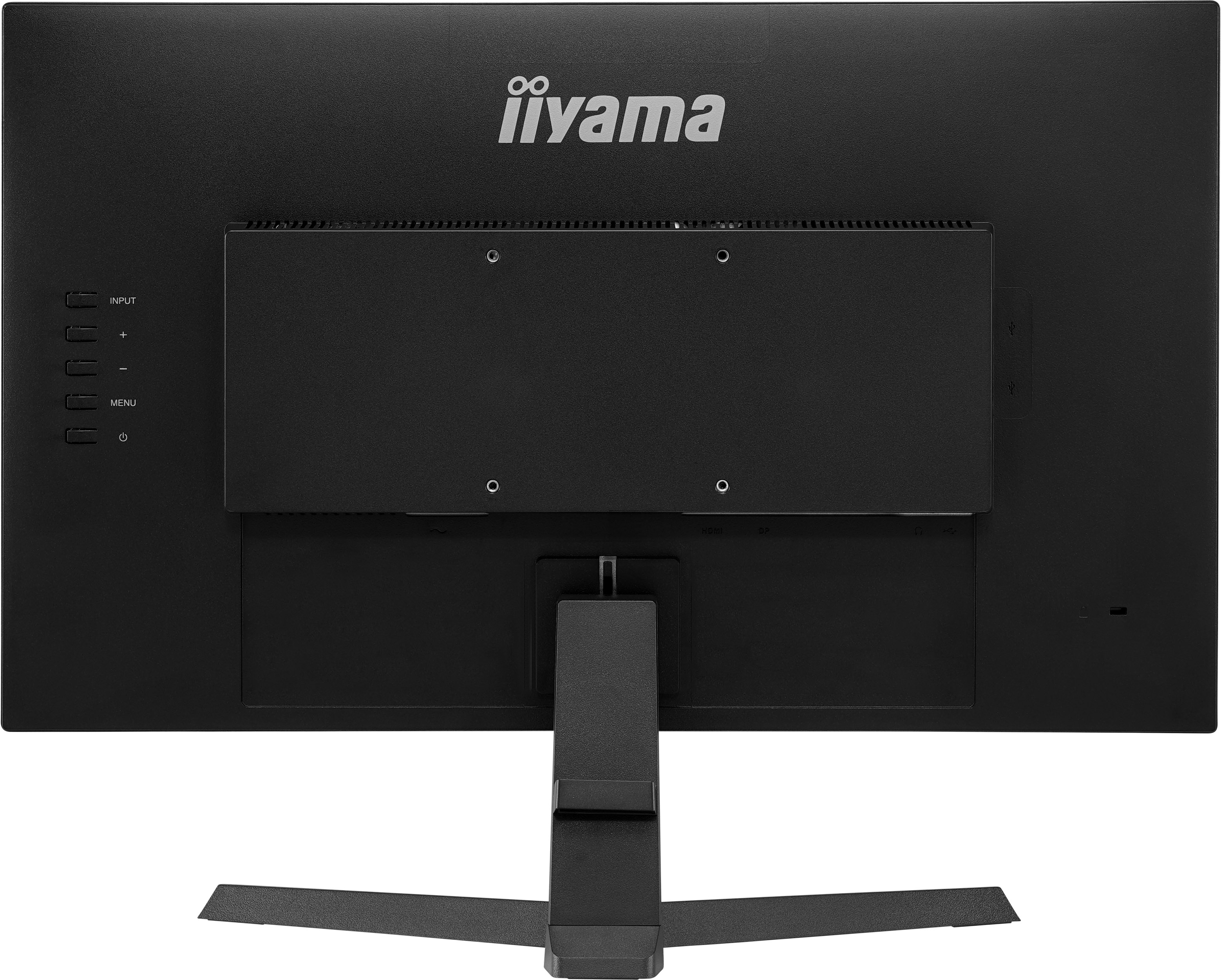 Vista posteriore di un monitor nero. Ha pulsanti, porte di ingresso e un punto di attacco per il supporto.
