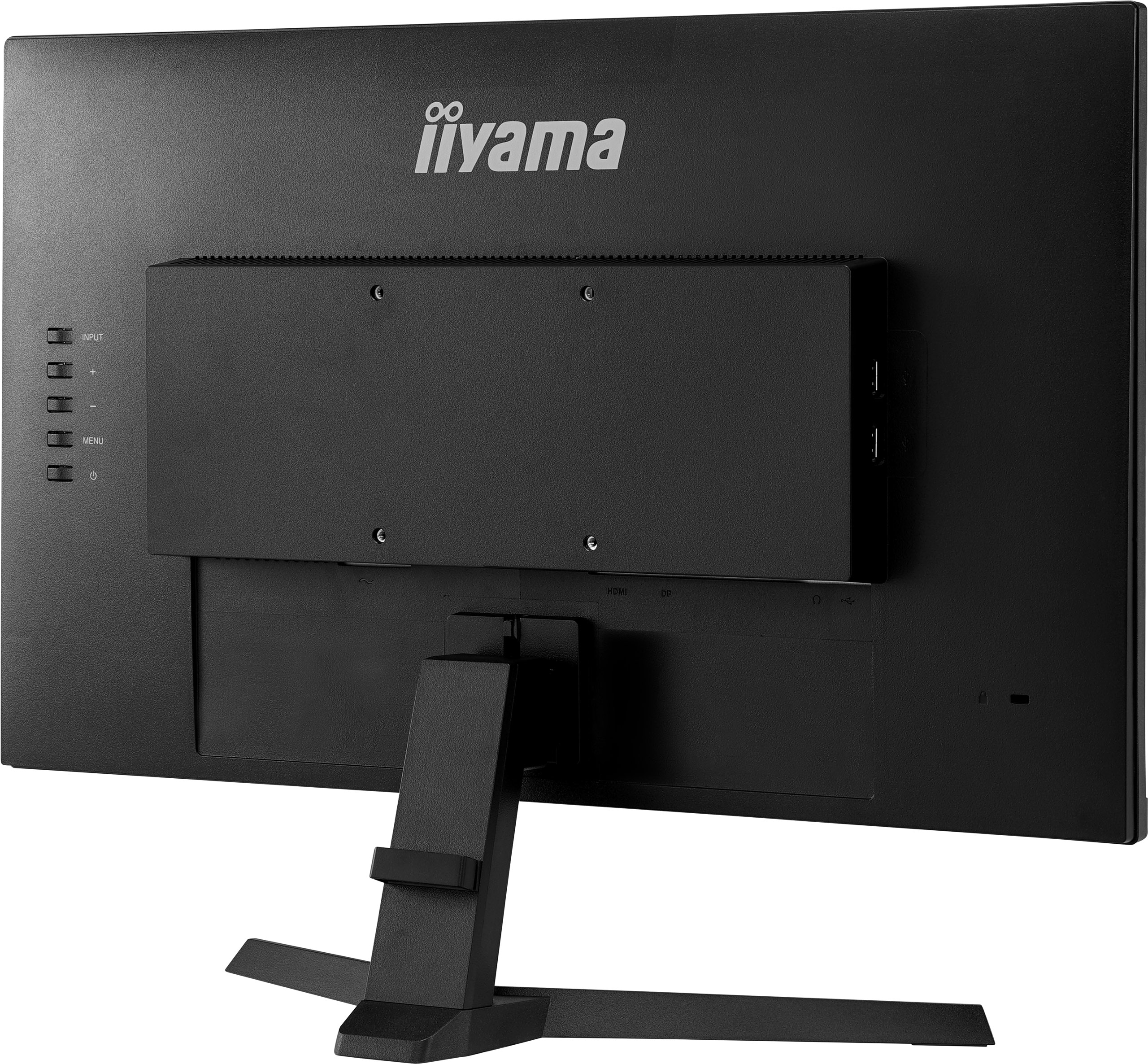 Vista posteriore di un monitor nero con pulsanti e porte.